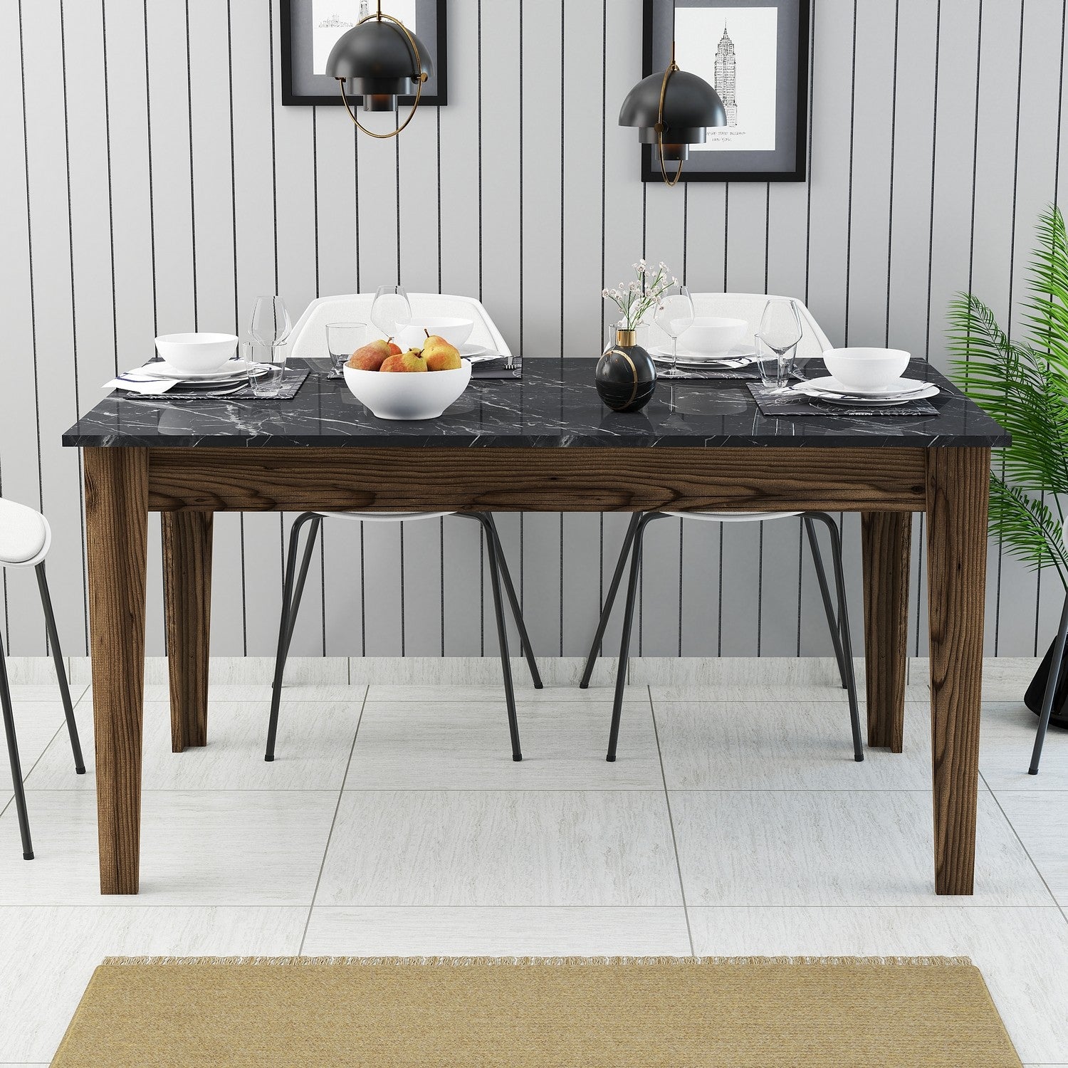 Mesa de Jantar Moderna, Nogueira e Preto, 145 x 75 x 88 cm | Painel de Partículas 100% Revestido com Melamina, 18 mm de Espessura | Design Elegante em Antracite com Pés Suntalam