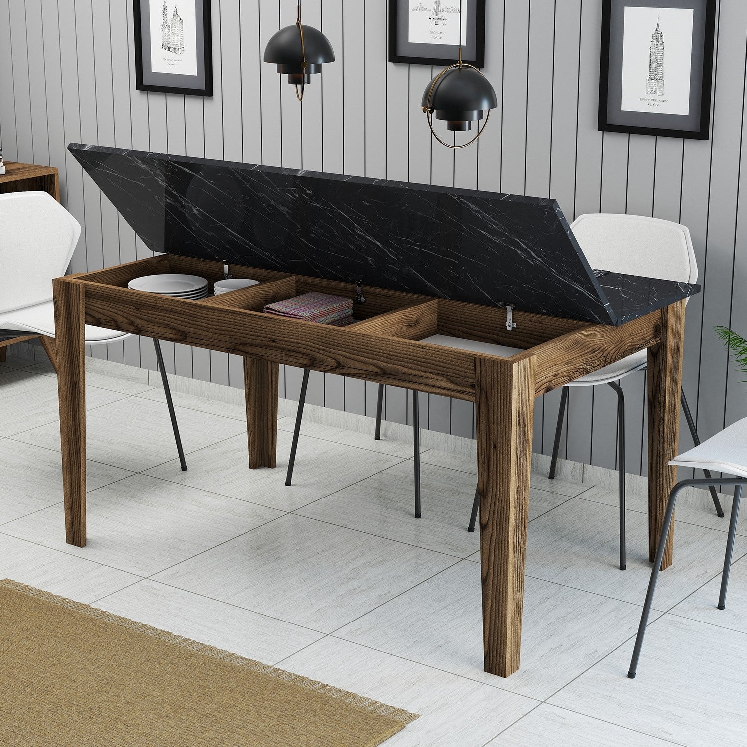 Mesa de Jantar Moderna, Nogueira e Preto, 145 x 75 x 88 cm | Painel de Partículas 100% Revestido com Melamina, 18 mm de Espessura | Design Elegante em Antracite com Pés Suntalam