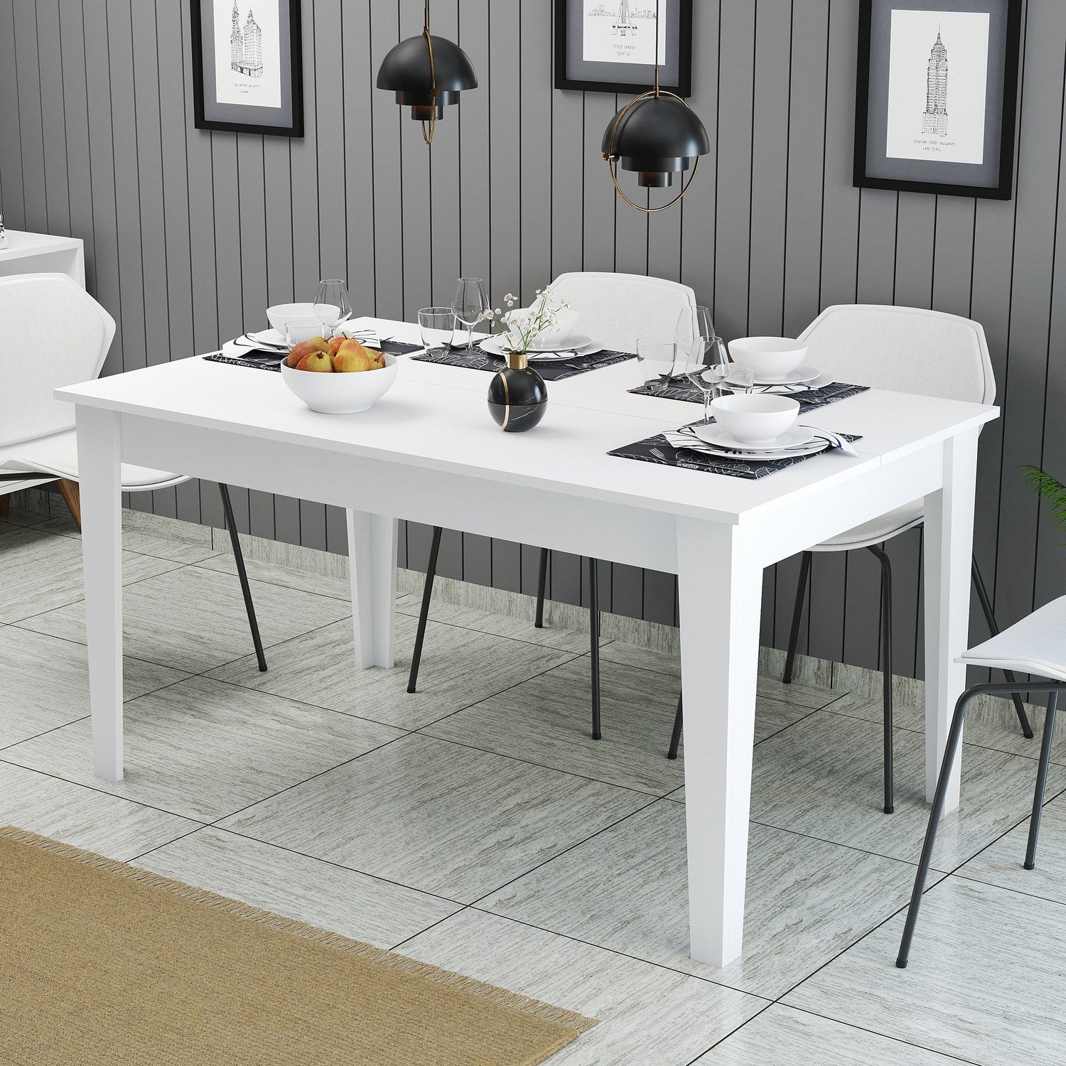 Mesa de Jantar Branca Moderna, 145 x 88 x 75 cm | Painel de Partículas 100% Revestido em Melamina, 18 mm de Espessura | Pernas Elegantes em Suntalam e Área de Armazenamento | Perfeita para Casas Contemporâneas