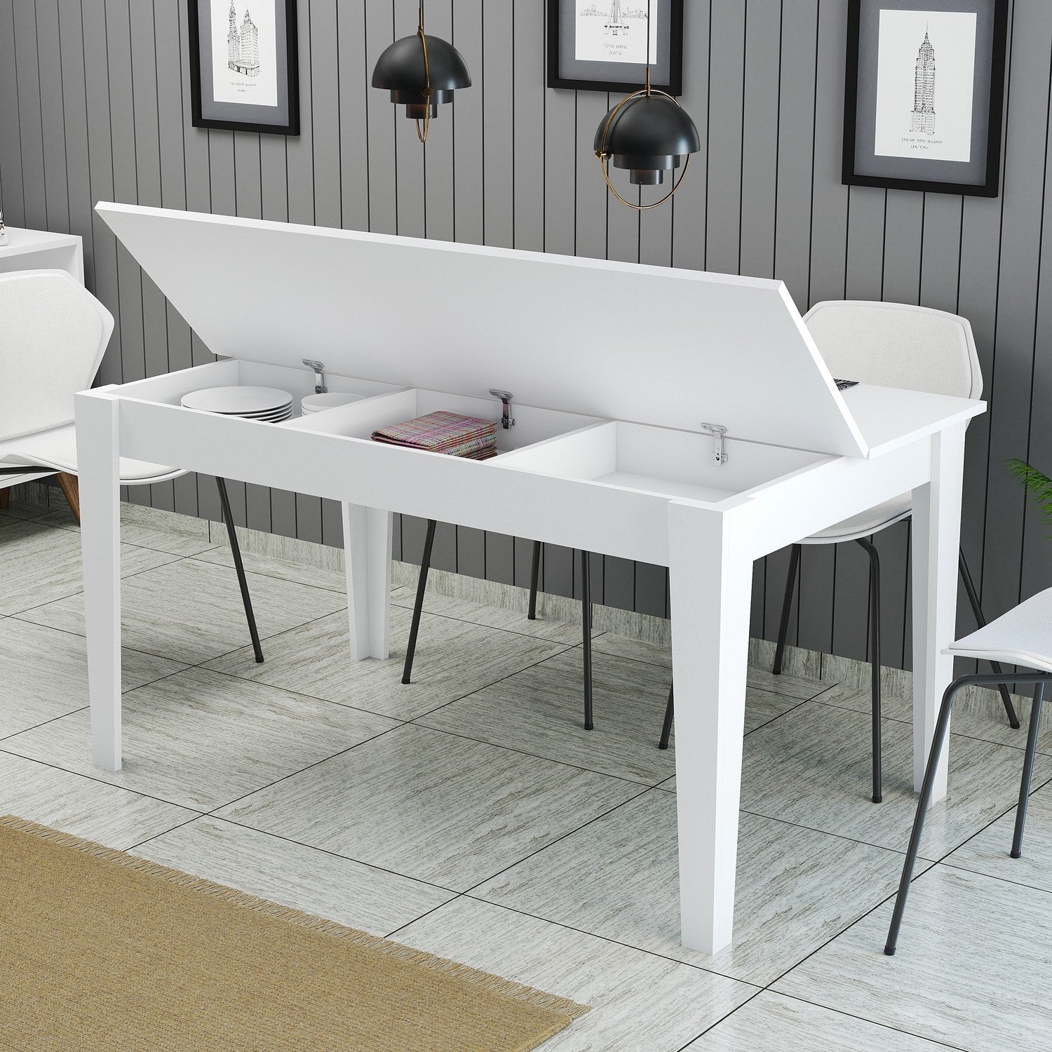 Mesa de Jantar Branca Moderna, 145 x 88 x 75 cm | Painel de Partículas 100% Revestido em Melamina, 18 mm de Espessura | Pernas Elegantes em Suntalam e Área de Armazenamento | Perfeita para Casas Contemporâneas