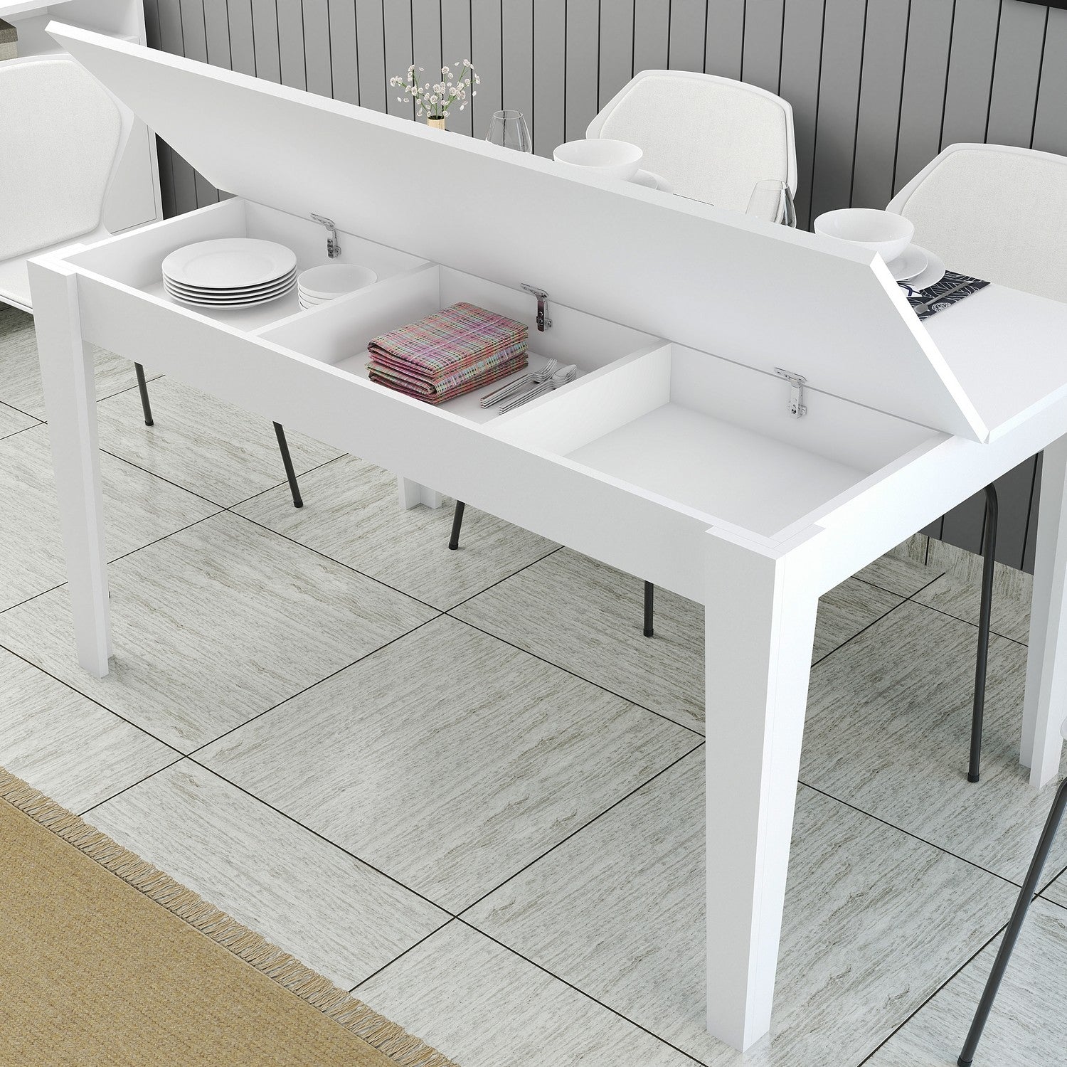 Mesa de Jantar Branca Moderna, 145 x 88 x 75 cm | Painel de Partículas 100% Revestido em Melamina, 18 mm de Espessura | Pernas Elegantes em Suntalam e Área de Armazenamento | Perfeita para Casas Contemporâneas