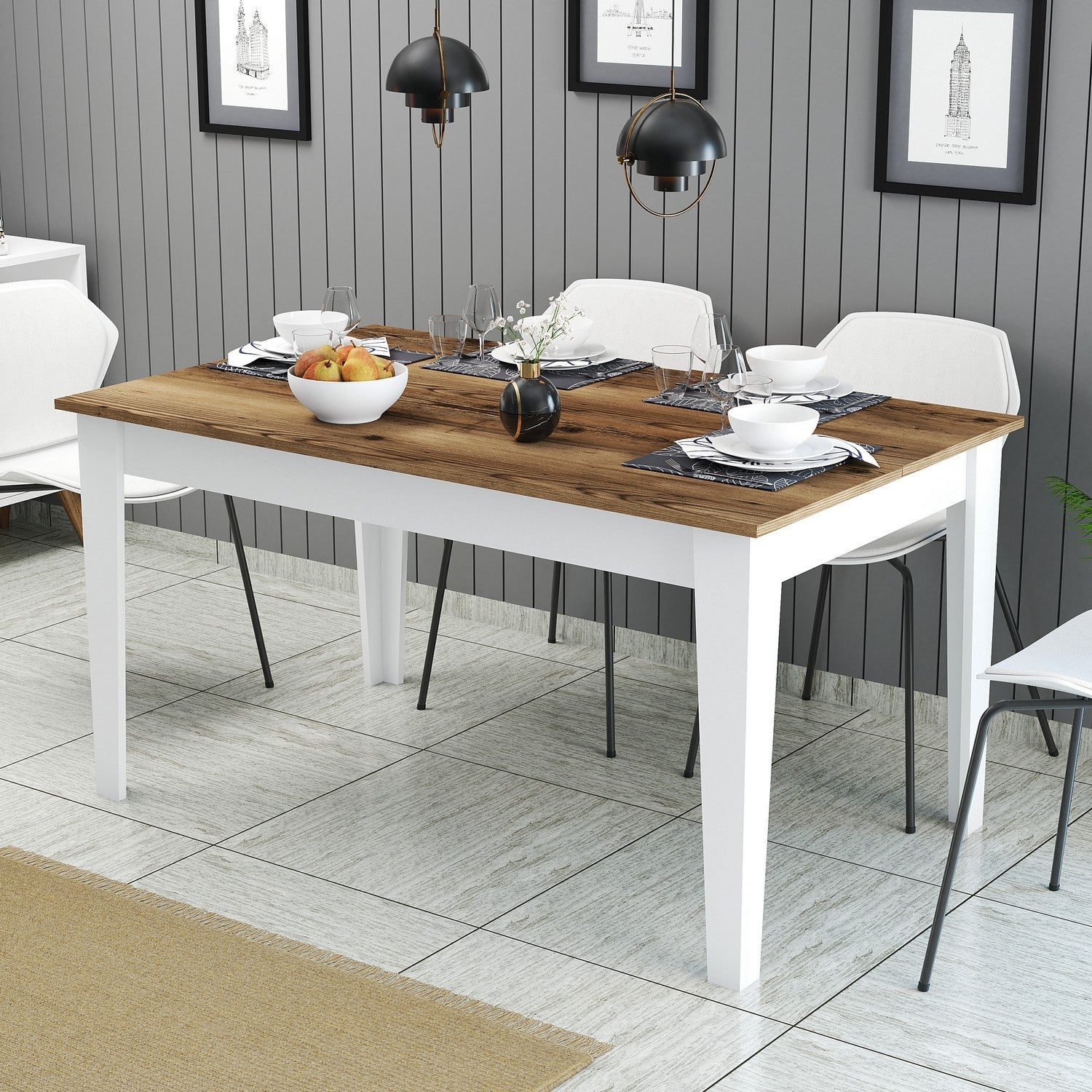 Mesa de Jantar Moderna, Nogueira e Branco, 145 x 88 x 75 cm | Painel de Partículas 100% Revestido com Melamina, 18 mm de Espessura | Pernas Elegantes em Suntalam, Ideal para Espaços Contemporâneos