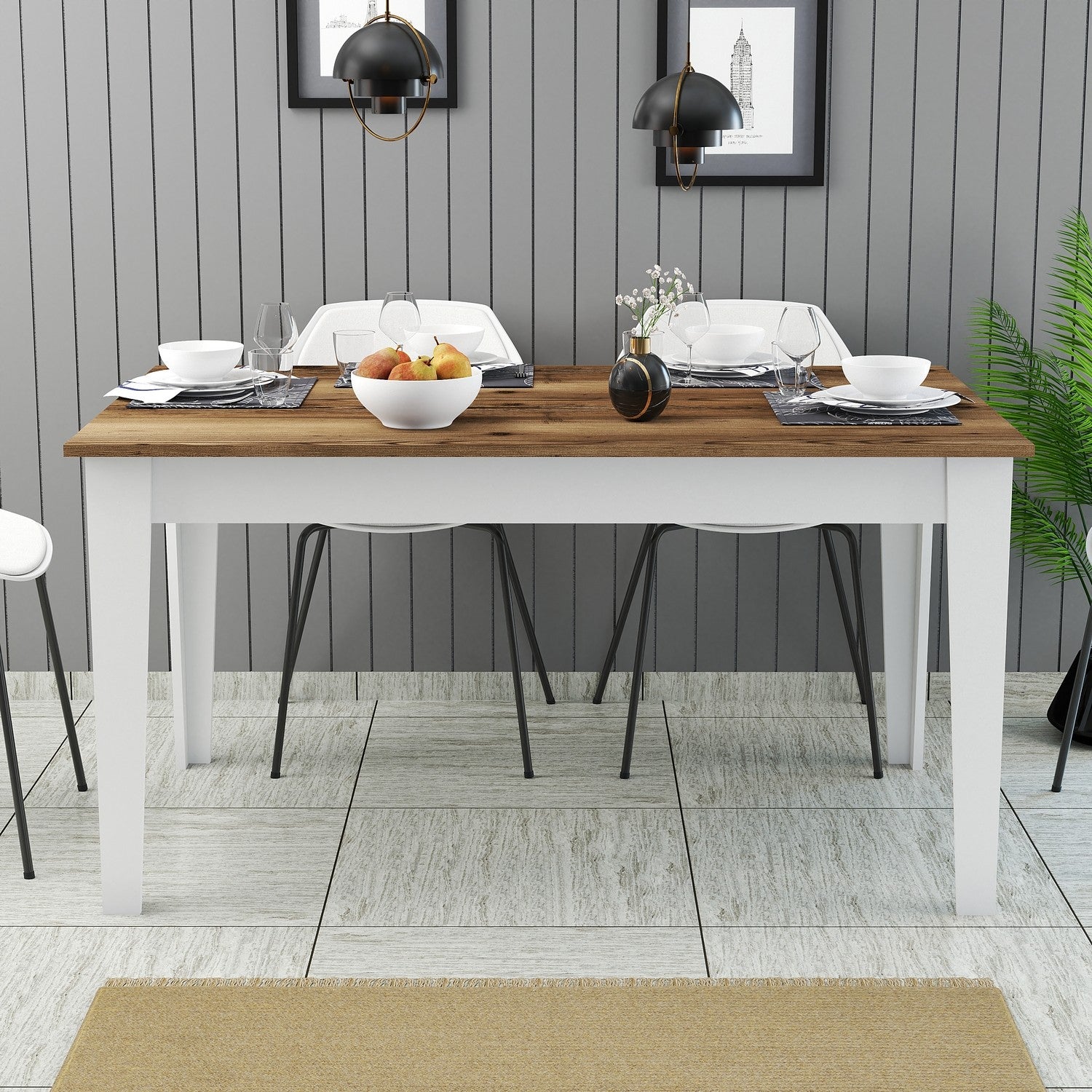 Mesa de Jantar Moderna, Nogueira e Branco, 145 x 88 x 75 cm | Painel de Partículas 100% Revestido com Melamina, 18 mm de Espessura | Pernas Elegantes em Suntalam, Ideal para Espaços Contemporâneos