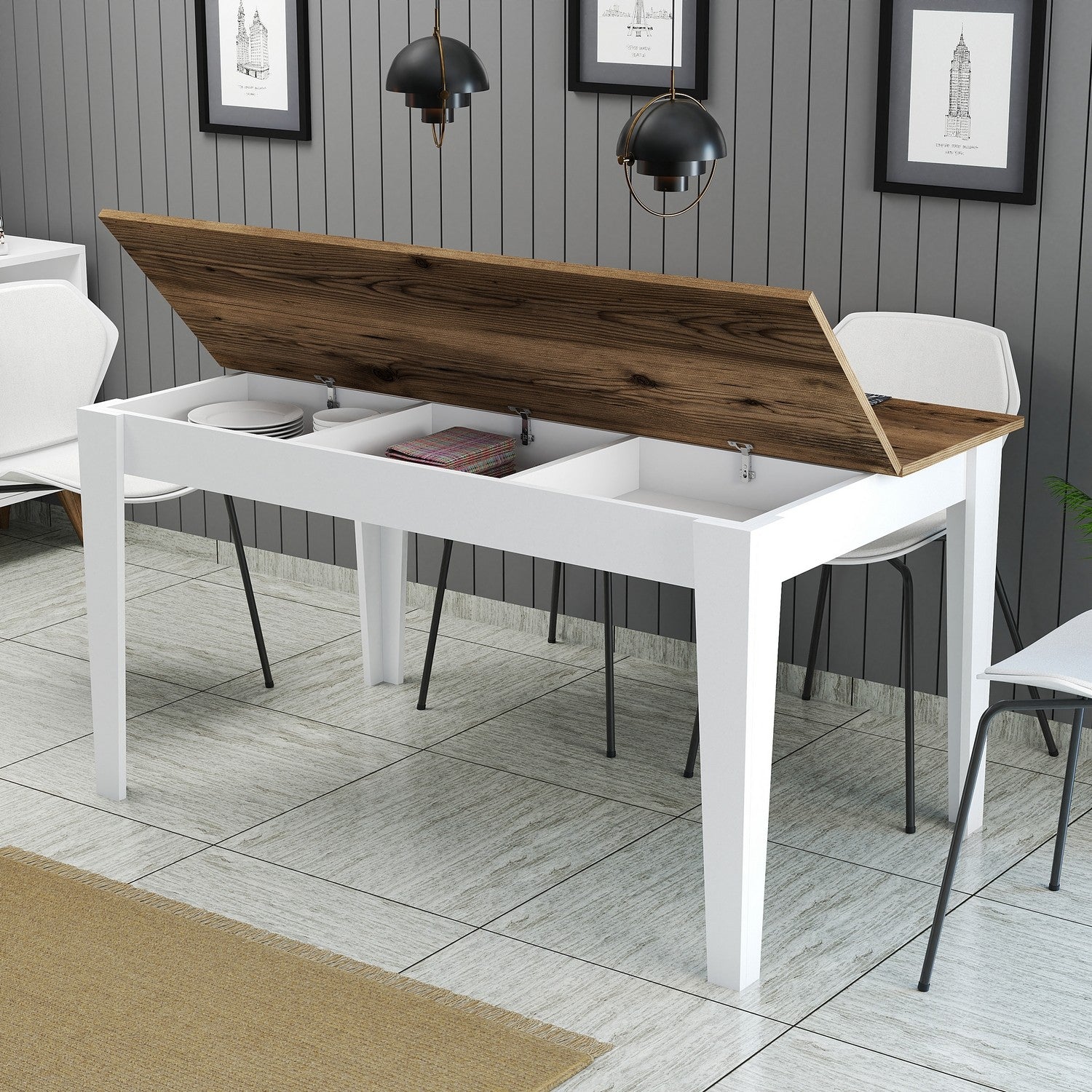 Mesa de Jantar Moderna, Nogueira e Branco, 145 x 88 x 75 cm | Painel de Partículas 100% Revestido com Melamina, 18 mm de Espessura | Pernas Elegantes em Suntalam, Ideal para Espaços Contemporâneos