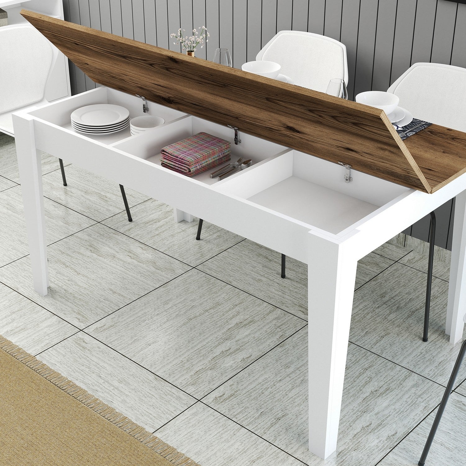 Mesa de Jantar Moderna, Nogueira e Branco, 145 x 88 x 75 cm | Painel de Partículas 100% Revestido com Melamina, 18 mm de Espessura | Pernas Elegantes em Suntalam, Ideal para Espaços Contemporâneos