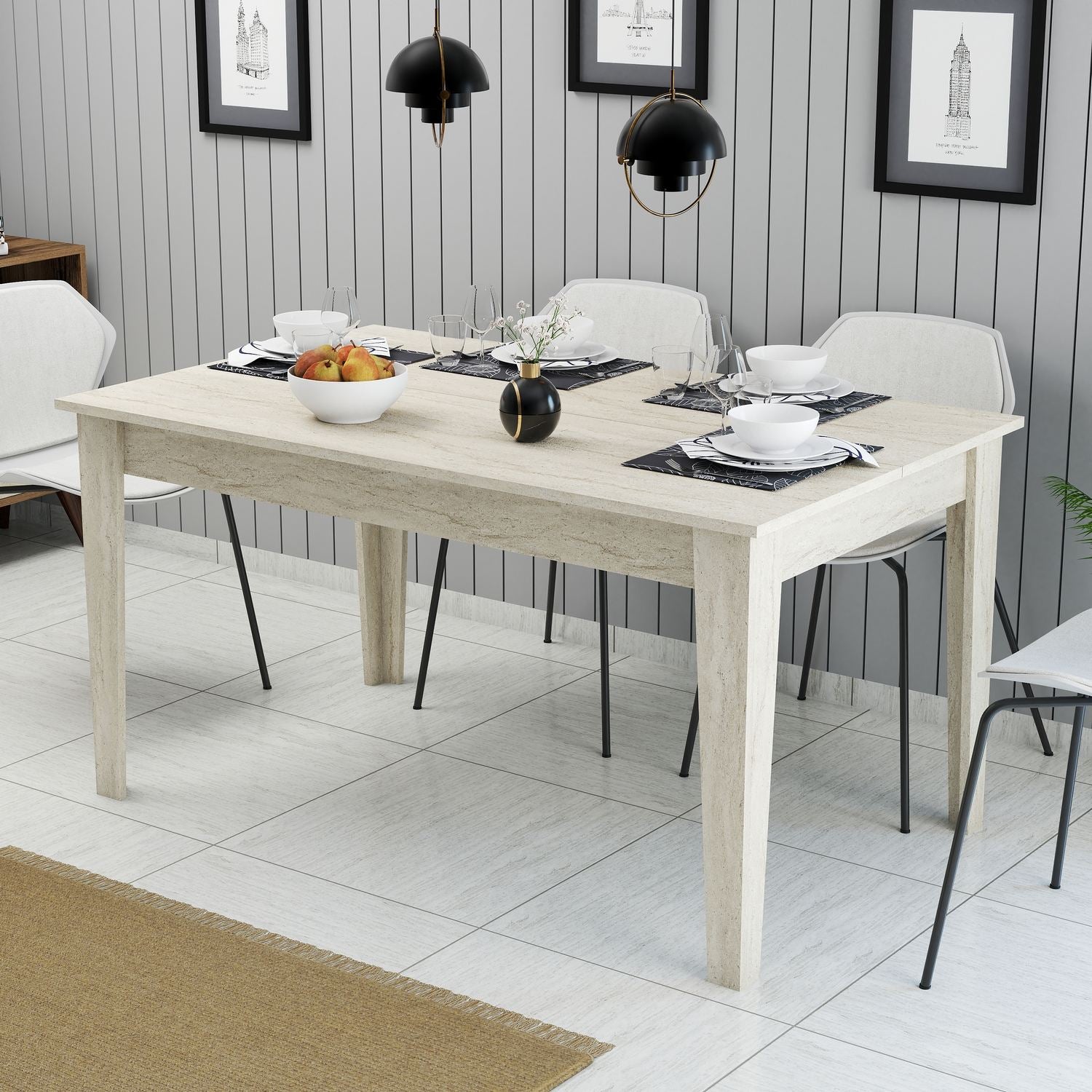Mesa de Jantar Travertino com Arrumação - 145cm, Revestimento Melamina, Pernas Resistentes