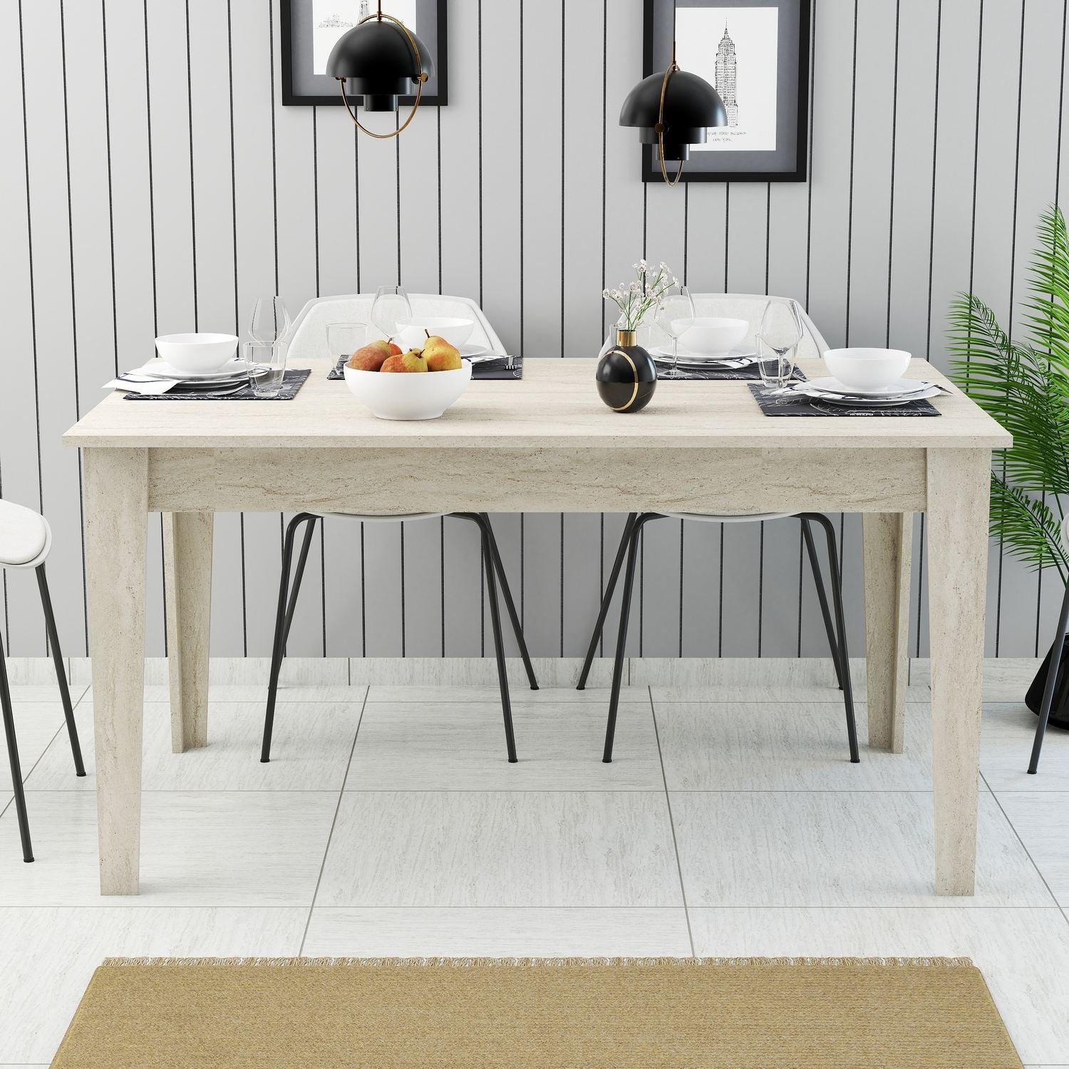Mesa de Jantar Travertino com Arrumação - 145cm, Revestimento Melamina, Pernas Resistentes