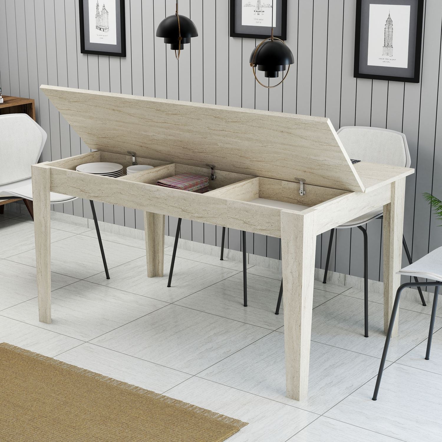 Mesa de Jantar Travertino com Arrumação - 145cm, Revestimento Melamina, Pernas Resistentes
