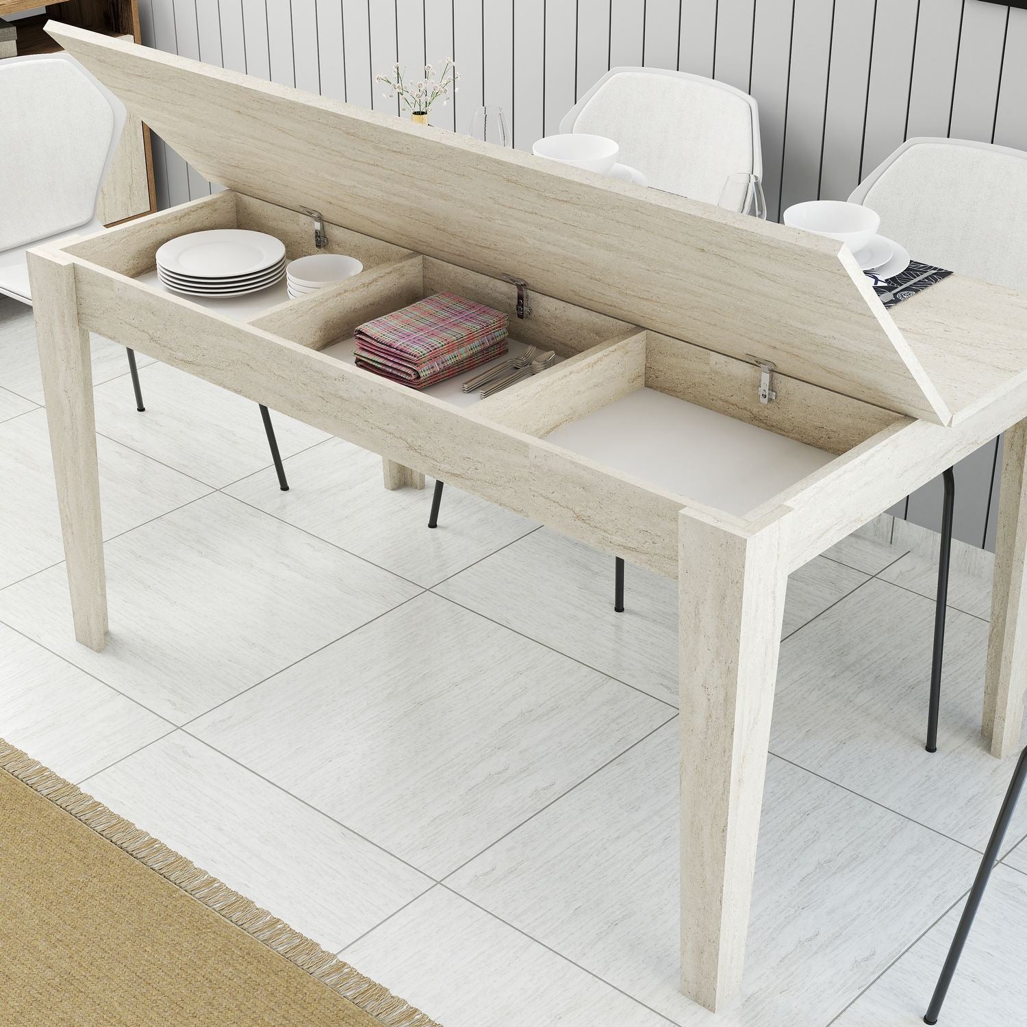 Mesa de Jantar Travertino com Arrumação - 145cm, Revestimento Melamina, Pernas Resistentes