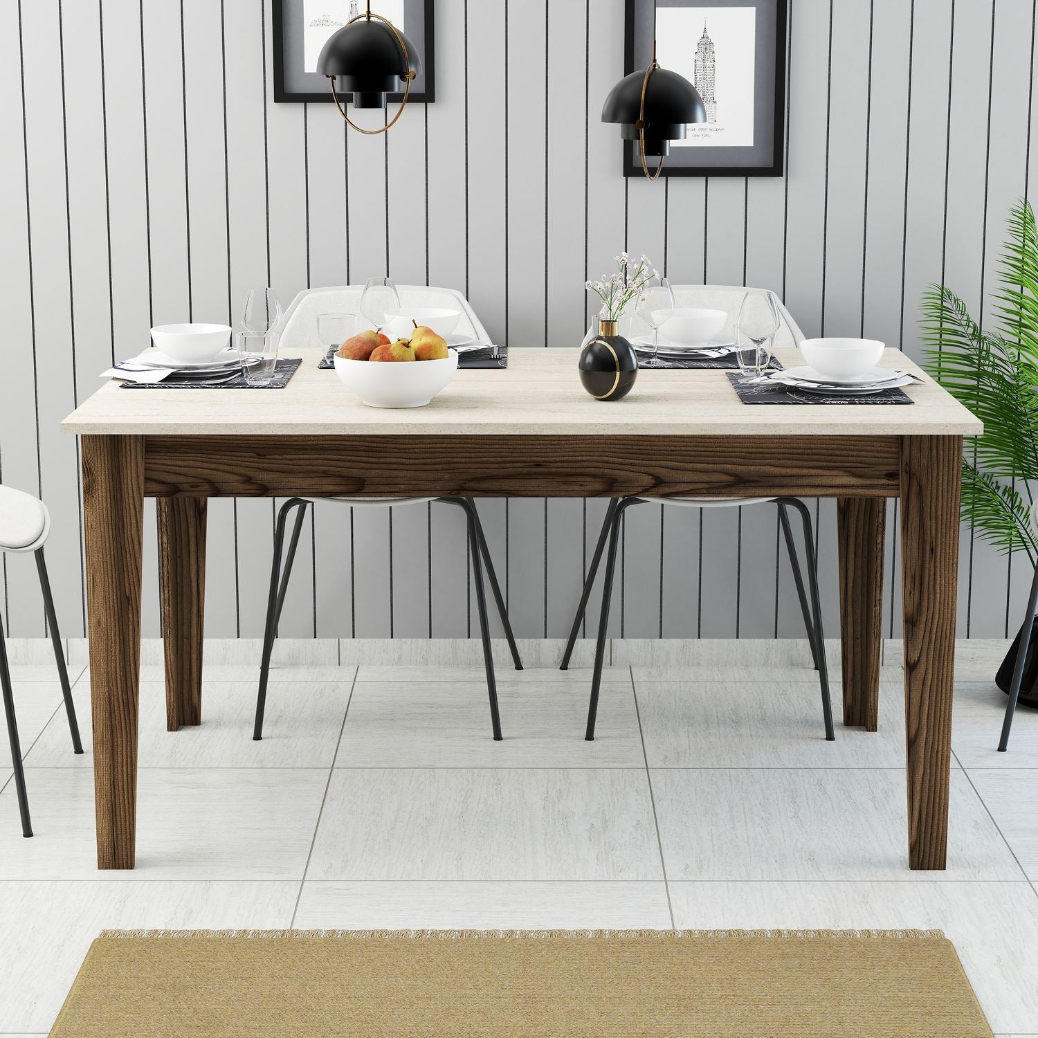 Mesa de Jantar Walnut com Travertino - 145cm com Arrumação Integrada e Acabamento Melamínico Premium