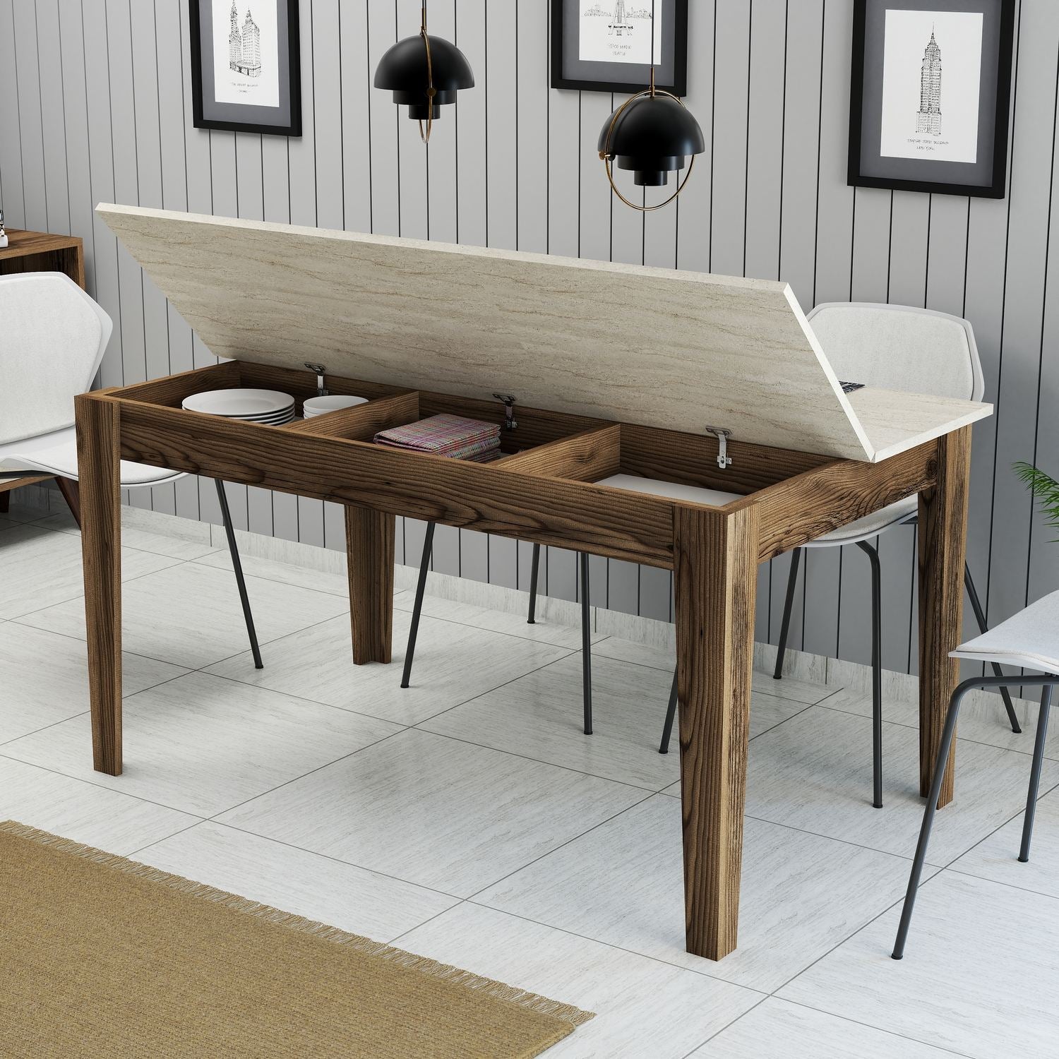 Mesa de Jantar Walnut com Travertino - 145cm com Arrumação Integrada e Acabamento Melamínico Premium