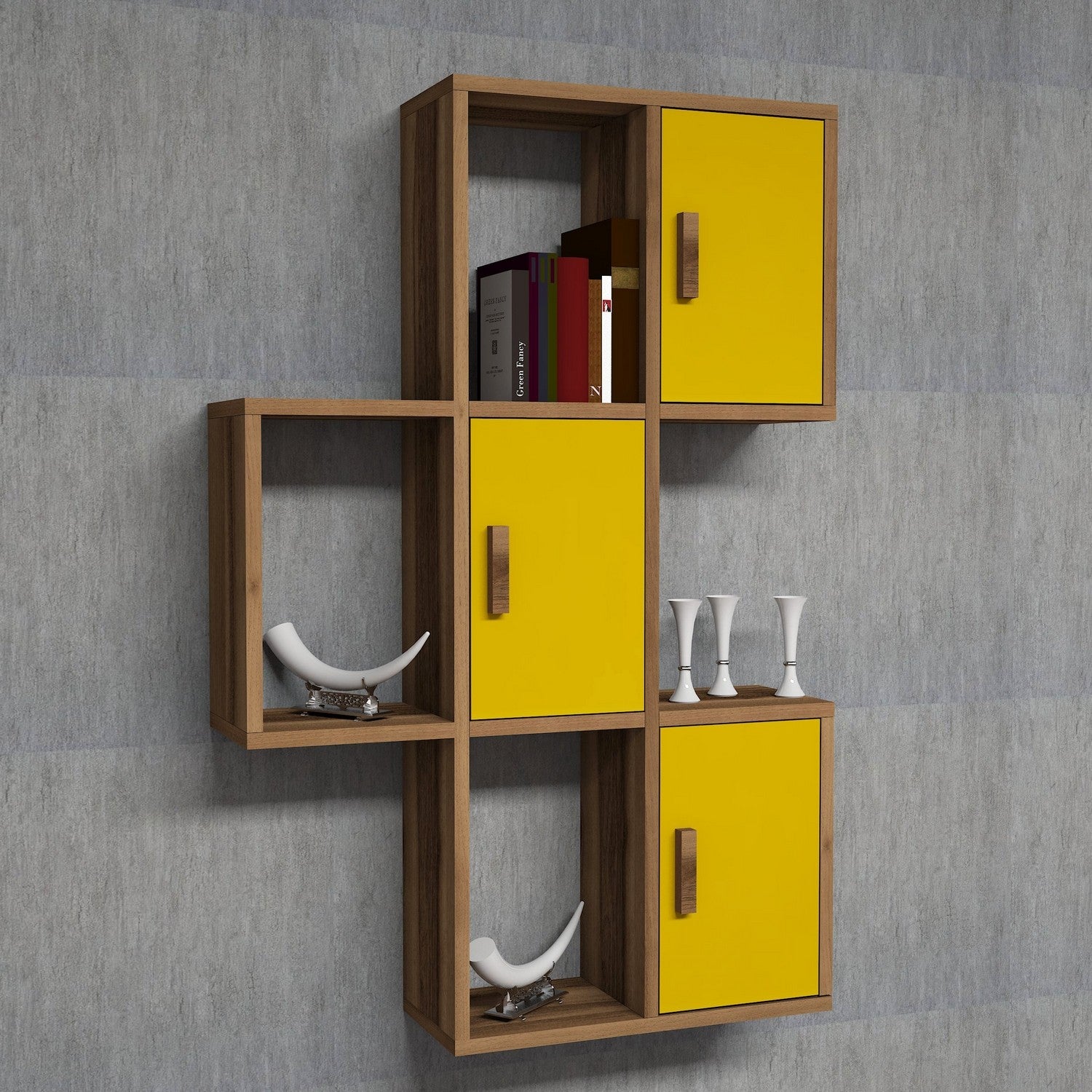 Prateleira de Parede Bohemian, Nogueira e Amarelo, 50 x 112,6 x 20 cm | Painel de Partículas 100% Revestido com Melamina, 18 mm de Espessura | Solução de Armazenamento Elegante e Funcional