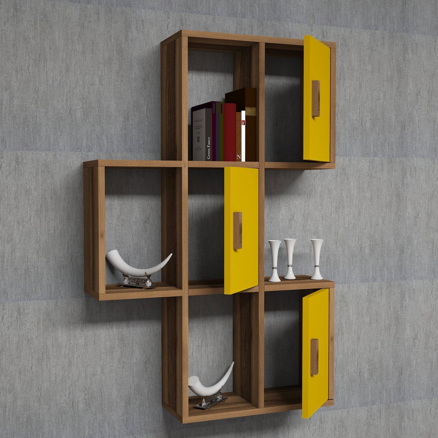 Prateleira de Parede Bohemian, Nogueira e Amarelo, 50 x 112,6 x 20 cm | Painel de Partículas 100% Revestido com Melamina, 18 mm de Espessura | Solução de Armazenamento Elegante e Funcional