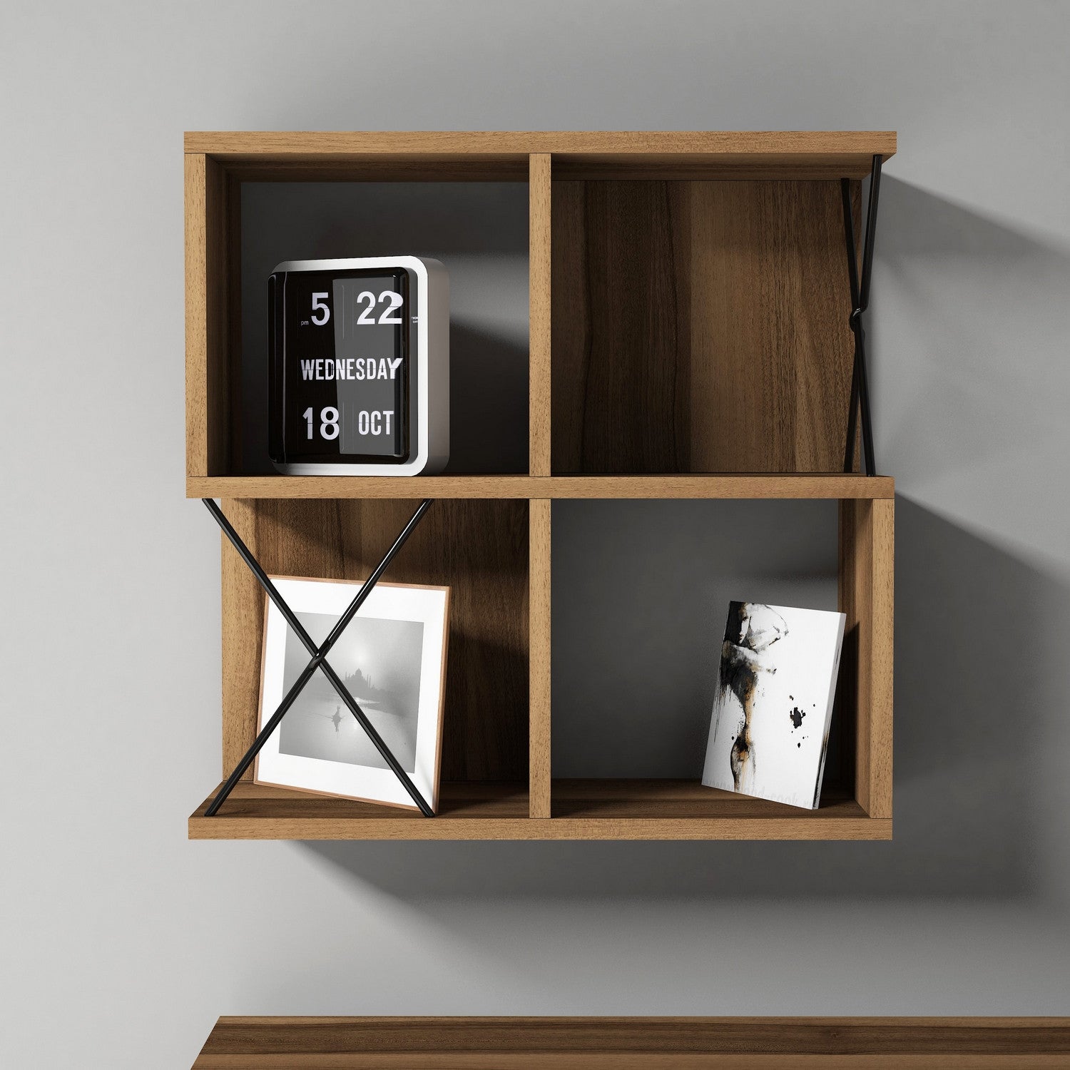 Prateleira de parede moderna, nogueira e preta, 60 x 60 x 24 cm | Painel de partículas 100% revestido de melamina, 18 mm de espessura | Armazenamento elegante e funcional para casa e escritório
