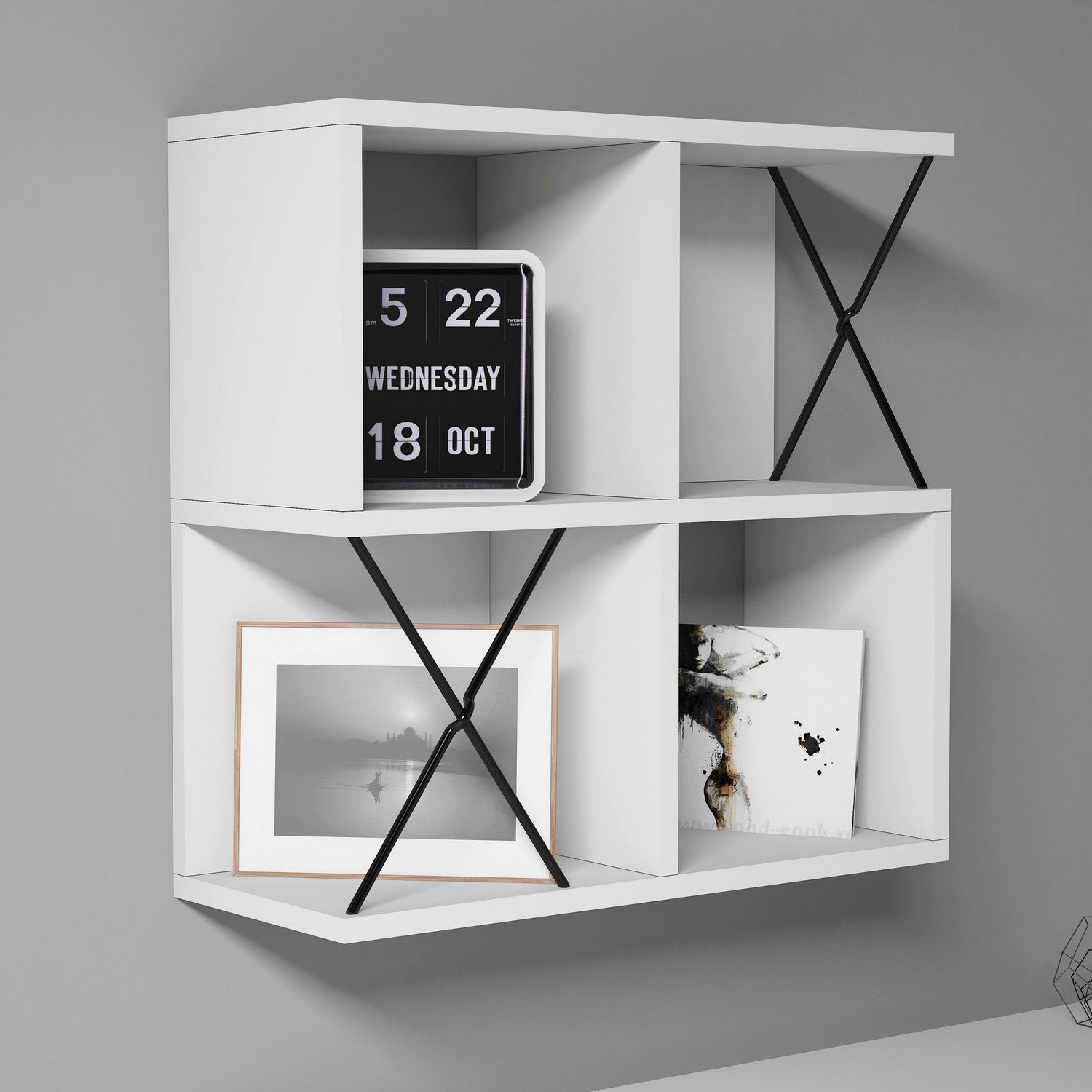 Prateleira de parede moderna, branca e preta, 60 x 60 x 24 cm | Painel de partículas 100% revestido em melamina, 18 mm de espessura | Solução de armazenamento elegante e funcional para qualquer ambiente