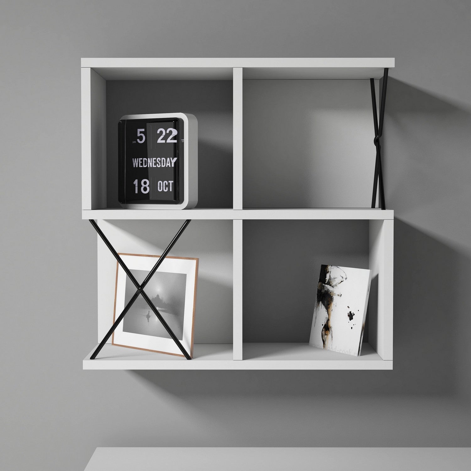 Prateleira de parede moderna, branca e preta, 60 x 60 x 24 cm | Painel de partículas 100% revestido em melamina, 18 mm de espessura | Solução de armazenamento elegante e funcional para qualquer ambiente