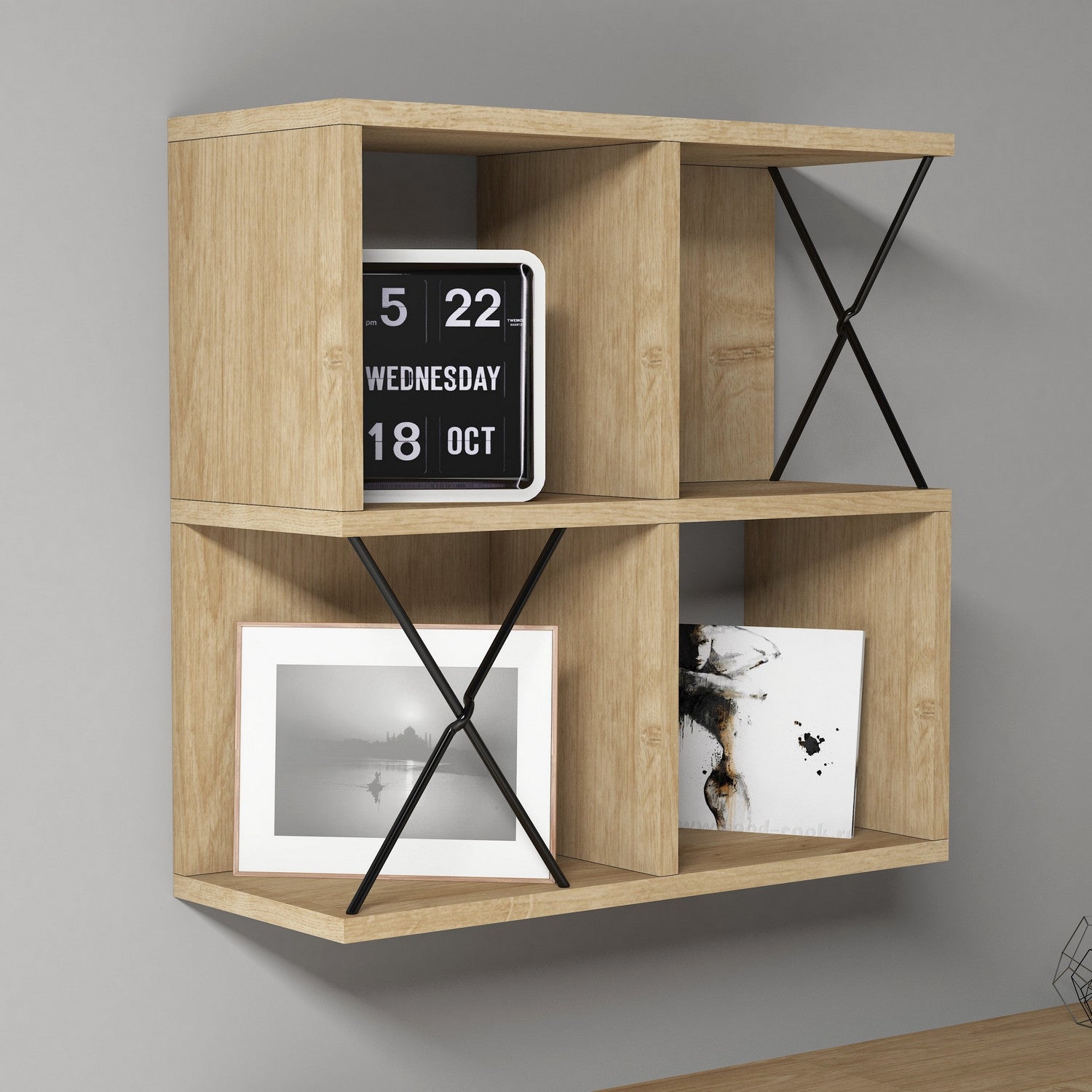 Prateleira de parede moderna, carvalho e preto, 60 x 60 x 24 cm | Painel de partículas 100% revestido de melamina, 18 mm de espessura | Solução de armazenamento elegante e funcional para qualquer espaço