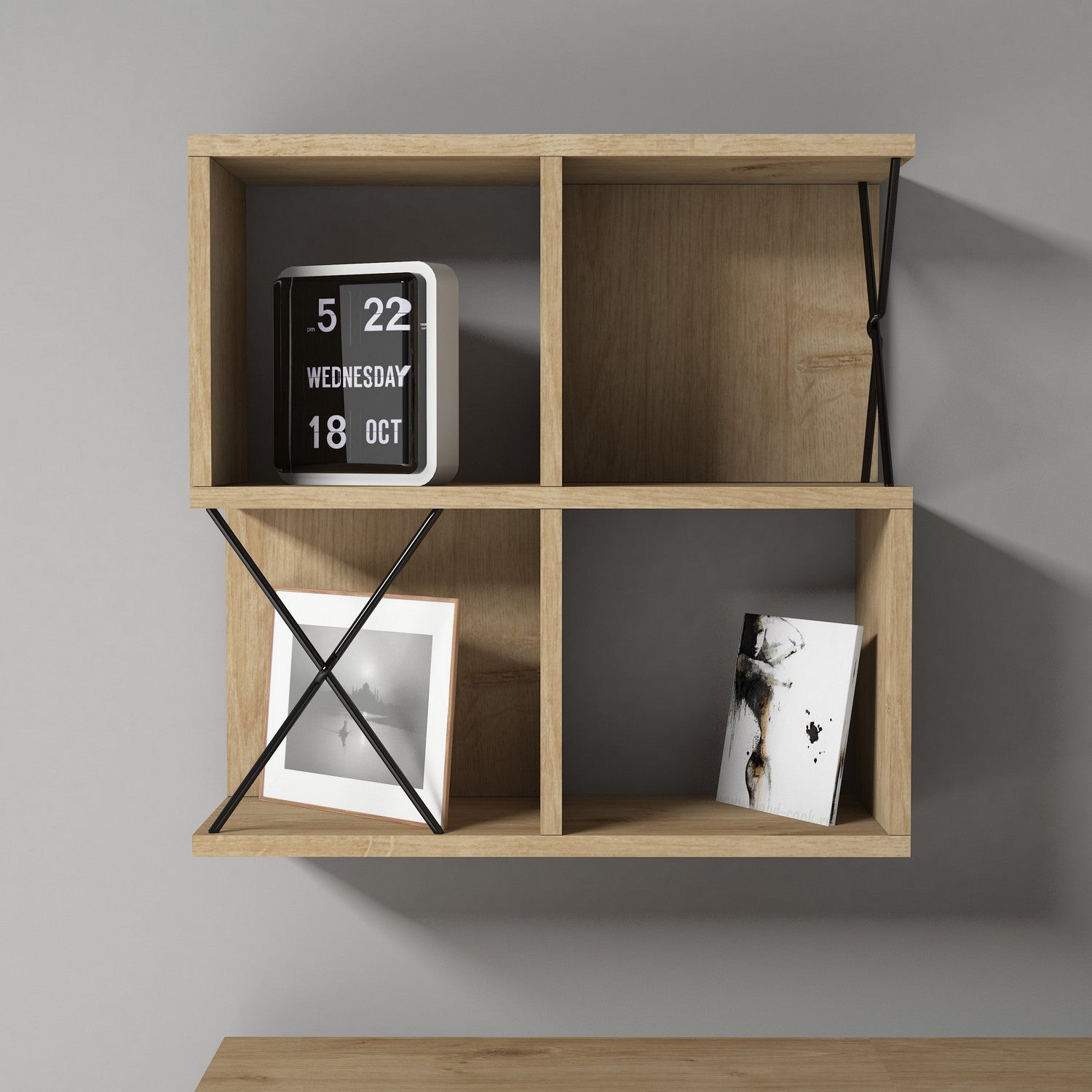 Prateleira de parede moderna, carvalho e preto, 60 x 60 x 24 cm | Painel de partículas 100% revestido de melamina, 18 mm de espessura | Solução de armazenamento elegante e funcional para qualquer espaço