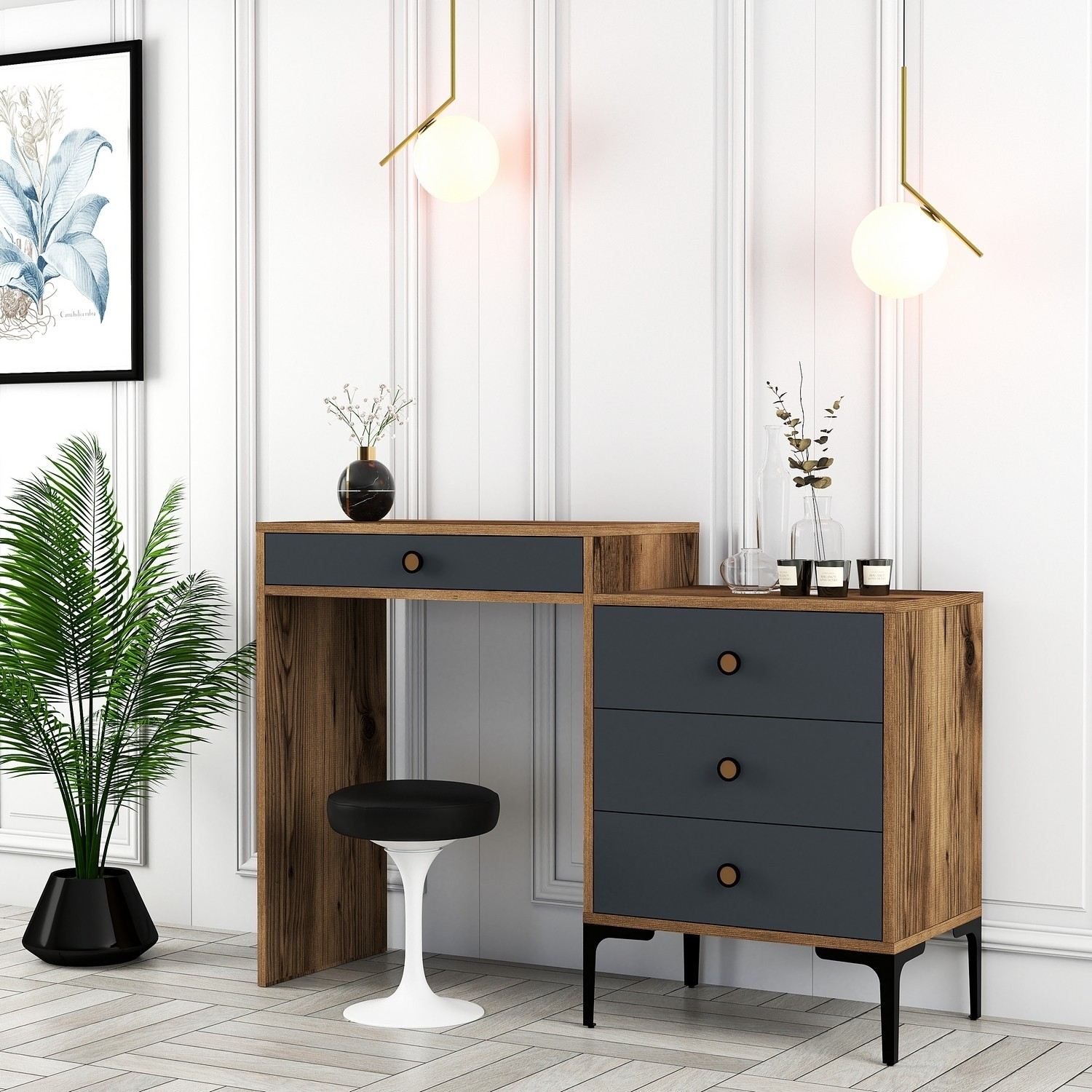 Toucador – 124 x 84,7 x 40 cm – Nogueira e Antracite – 100% revestida em melamina