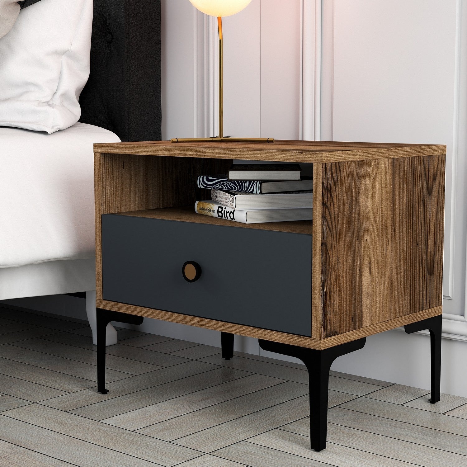 Mesa de Cabeceira Moderna com Pés de Metal, Nogueira e Antracite, 56 x 50,8 x 40 cm | 100% Revestimento em Melamina, 18 mm de Espessura | Armazenamento Elegante para Quarto e Sala de Estar