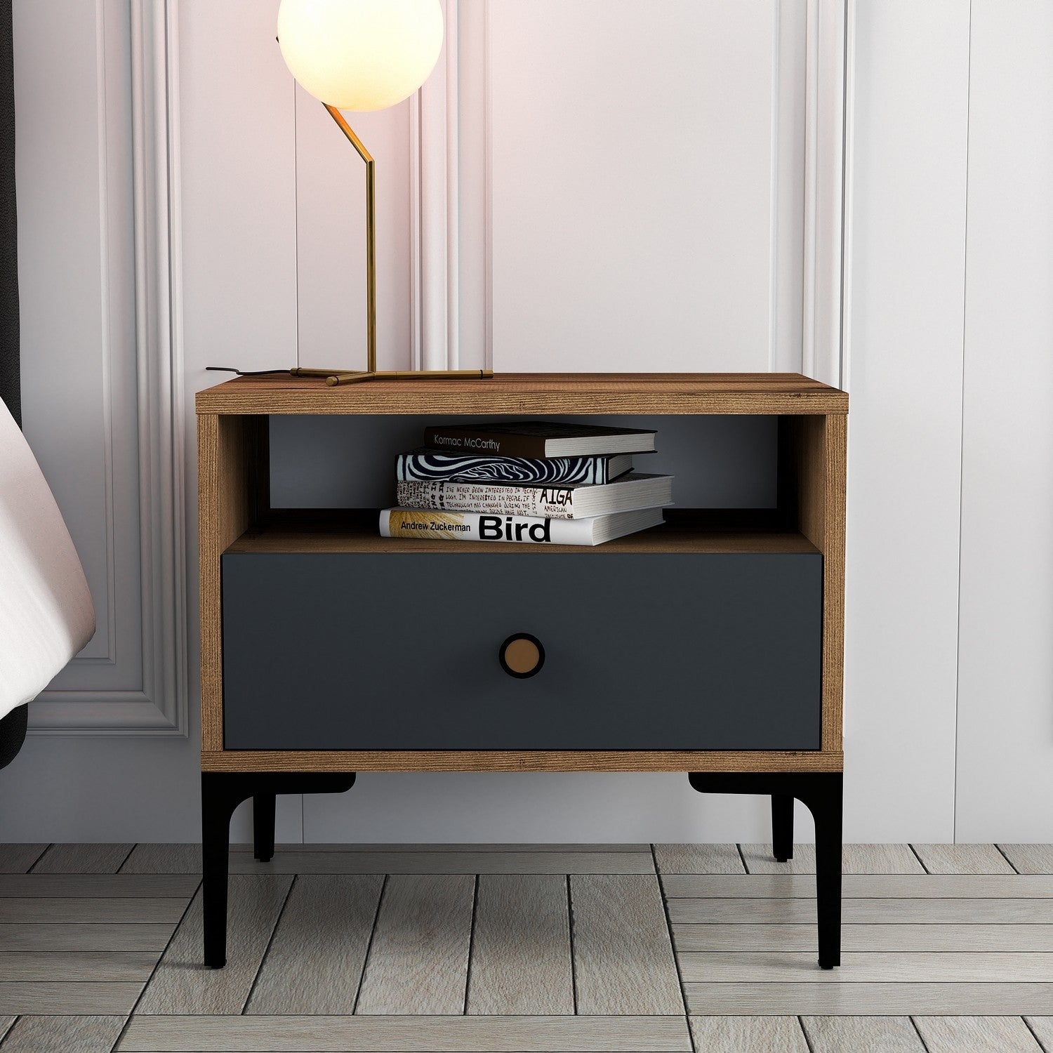 Mesa de Cabeceira Moderna com Pés de Metal, Nogueira e Antracite, 56 x 50,8 x 40 cm | 100% Revestimento em Melamina, 18 mm de Espessura | Armazenamento Elegante para Quarto e Sala de Estar