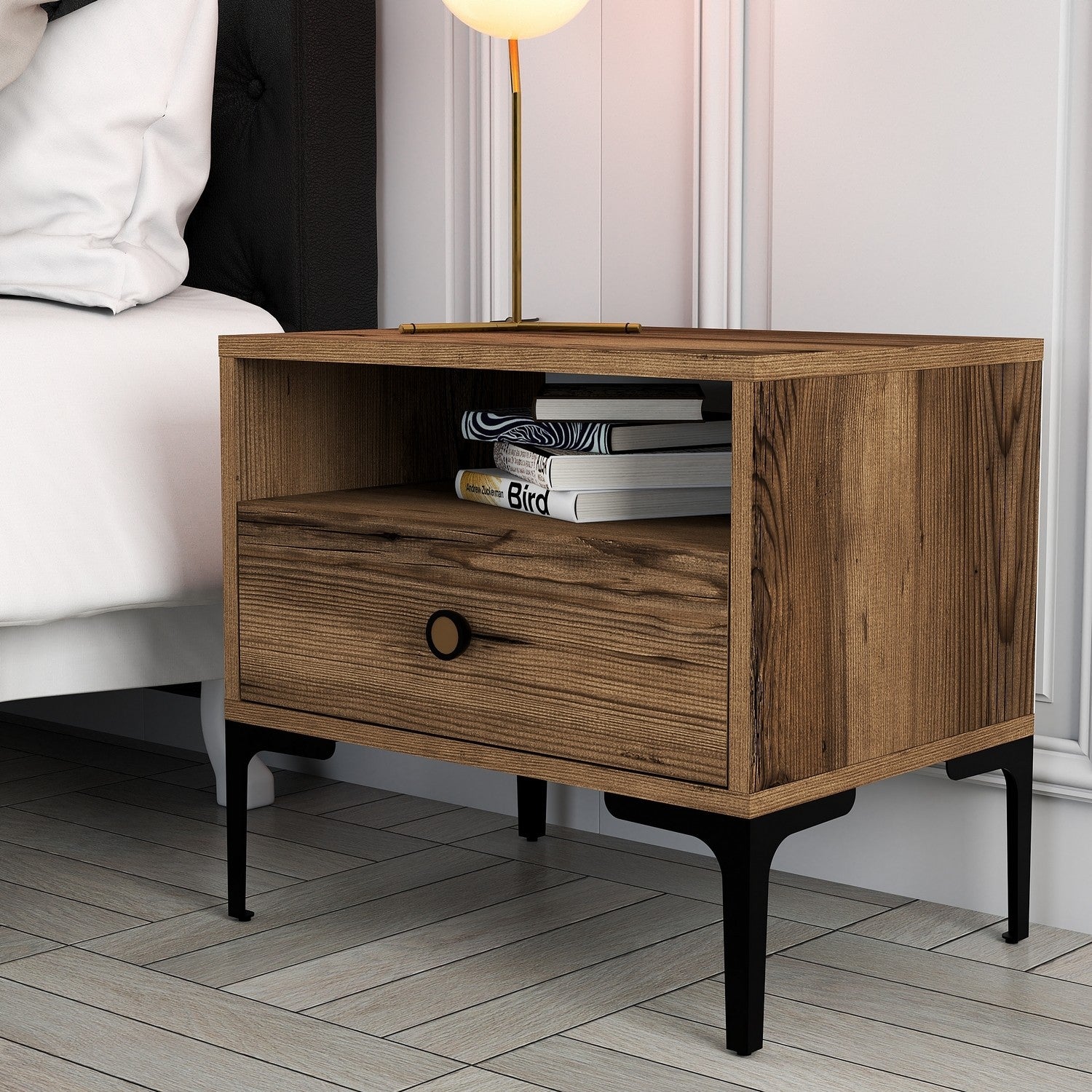 Mesa de Cabeceira Moderna em Nogueira, 56 x 50,8 x 40 cm | Painel de Partículas 100% Revestido em Melamina, 18 mm de Espessura | Puxador de Plástico Elegante e Pernas de Metal, Design Industrial