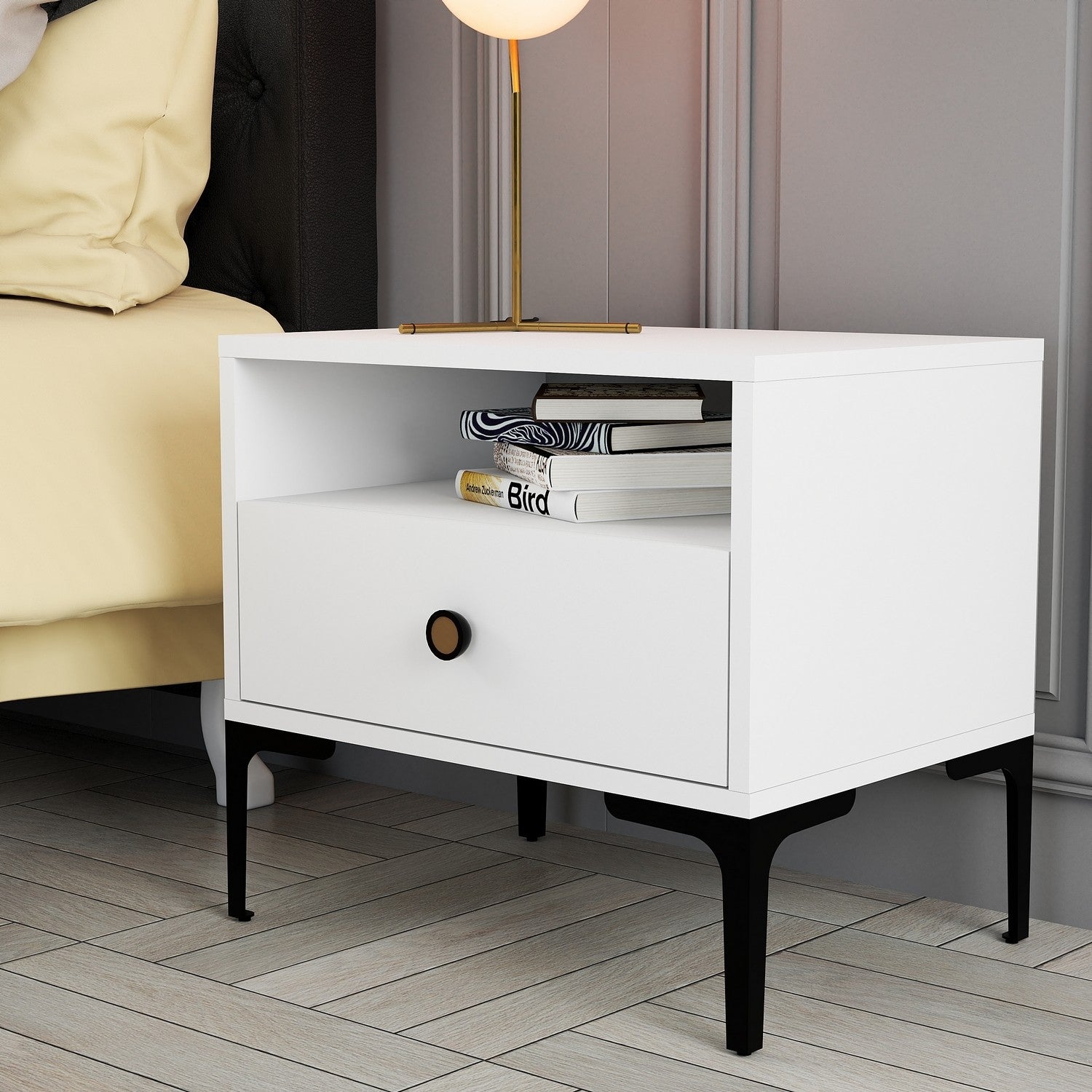 Mesa de cabeceira branca moderna, 56 x 50,8 x 40 cm | Painel de partículas 100% revestido em melamina, 18 mm de espessura | Alça de plástico e pernas de metal | Design elegante e funcional