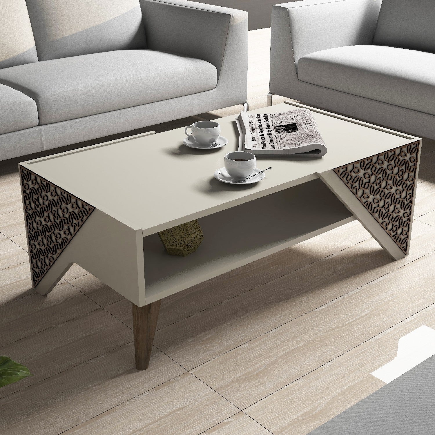 Mesa de Centro Moderna – 105 x 58 x 40 cm – Cor Creme – Painel de Partículas Revestido a Melamina
