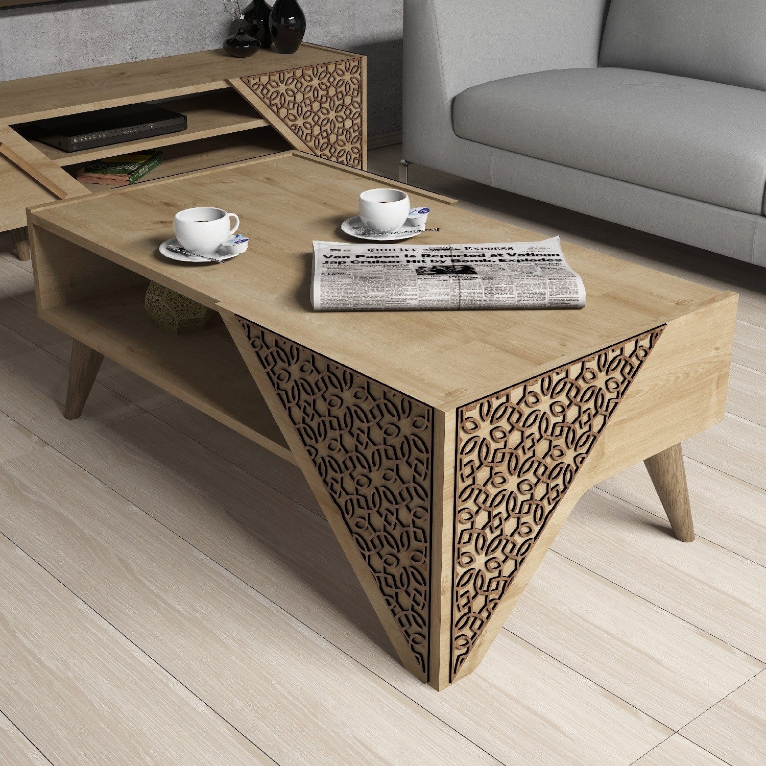 Mesa de Centro Moderna – 105 x 58 x 40 cm – Cor Carvalho – Painel de Partículas revestido em Melamina