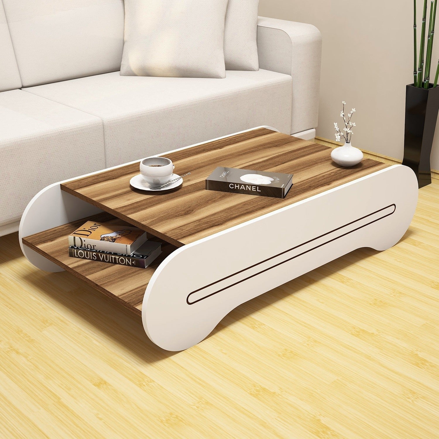 Mesa de Centro Moderna – 120 x 30 x 63,6 cm – Nogueira e Branco – Painel de Partículas Revestido a Melamina
