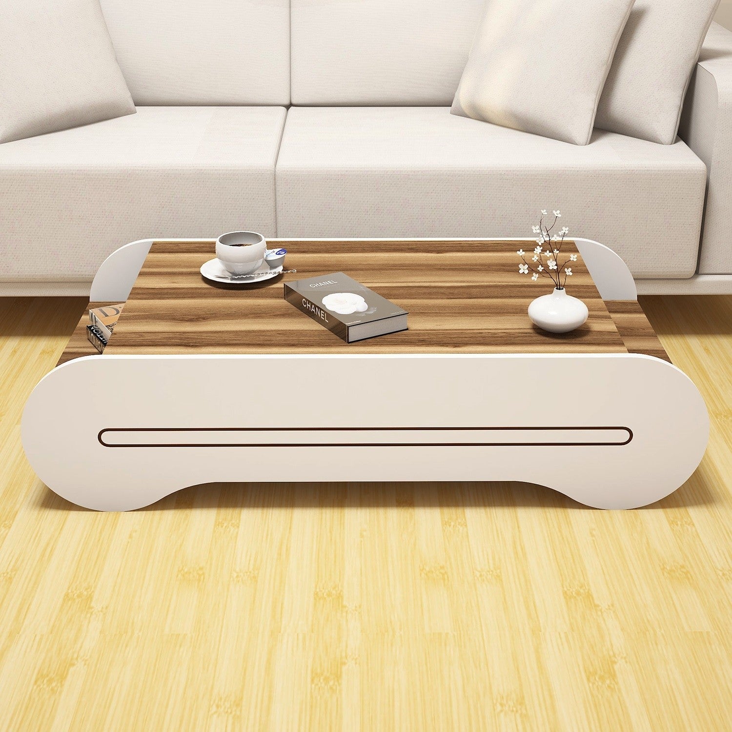 Mesa de Centro Moderna – 120 x 30 x 63,6 cm – Nogueira e Branco – Painel de Partículas Revestido a Melamina