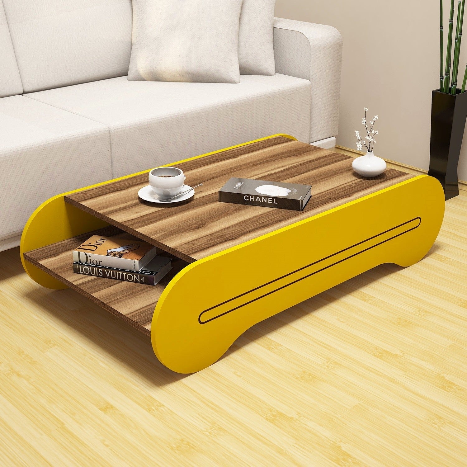 Mesa de Centro – 120 x 30 x 63,6 cm – Nogueira e Amarelo – Painel de Partículas Revestido em Melamina