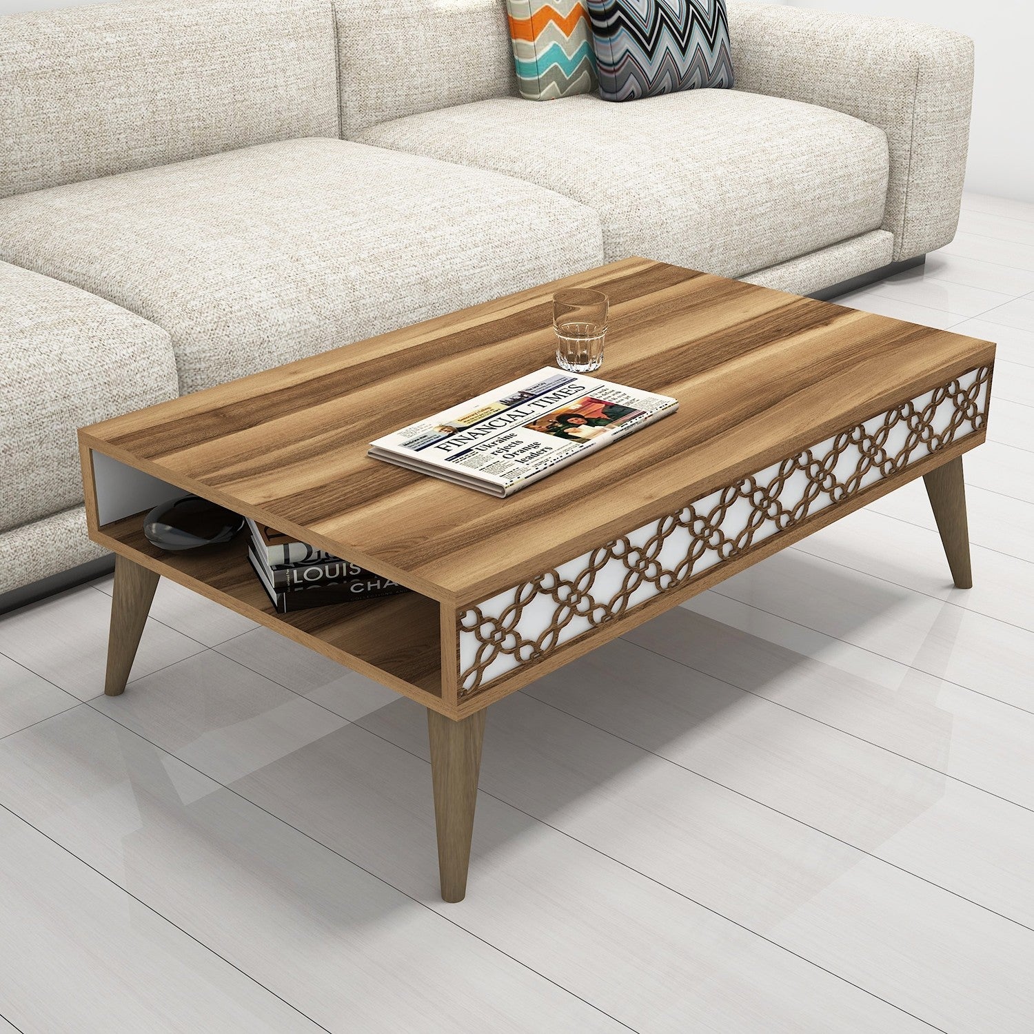 Mesa de Centro Moderna – 105 x 60 x 36,6 cm – Nogueira e Branco – Painel de Partículas revestido a Melamina