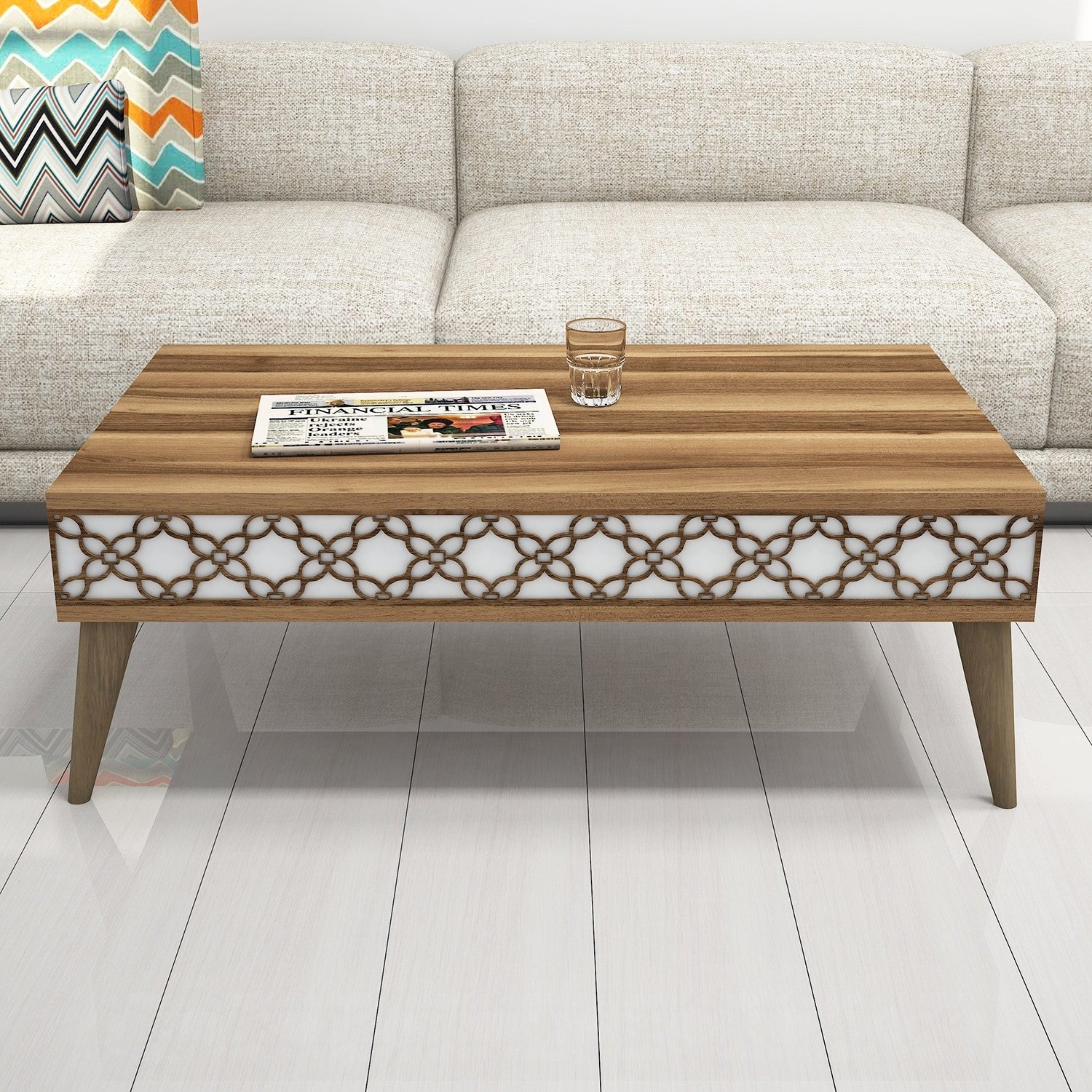 Mesa de Centro Moderna – 105 x 60 x 36,6 cm – Nogueira e Branco – Painel de Partículas revestido a Melamina