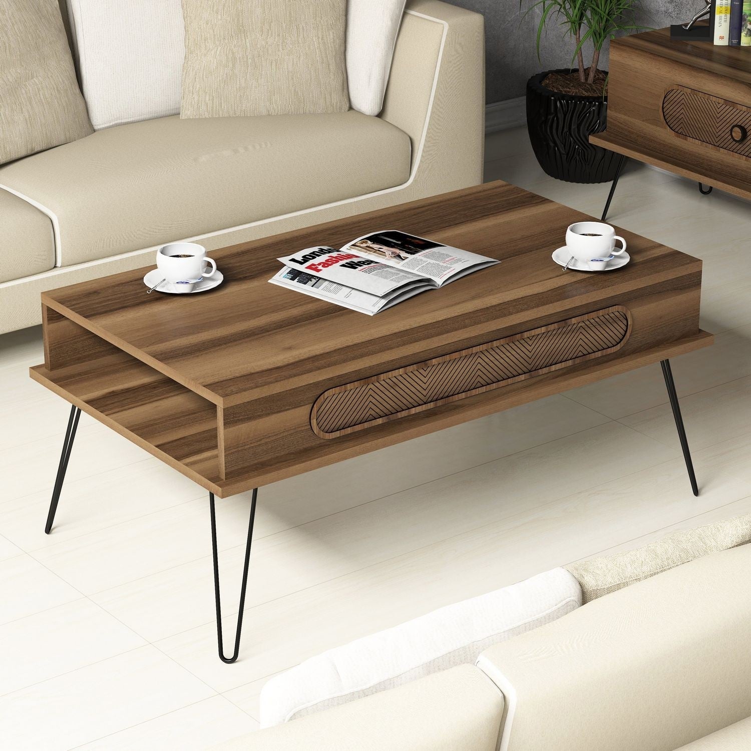 Mesa de Centro Moderna – 105 x 56 x 45,8 cm – Cor Nogueira – Painel de Partículas Revestido em Melamina