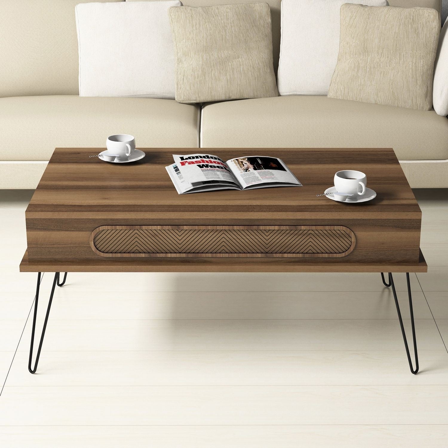 Mesa de Centro Moderna – 105 x 56 x 45,8 cm – Cor Nogueira – Painel de Partículas Revestido em Melamina