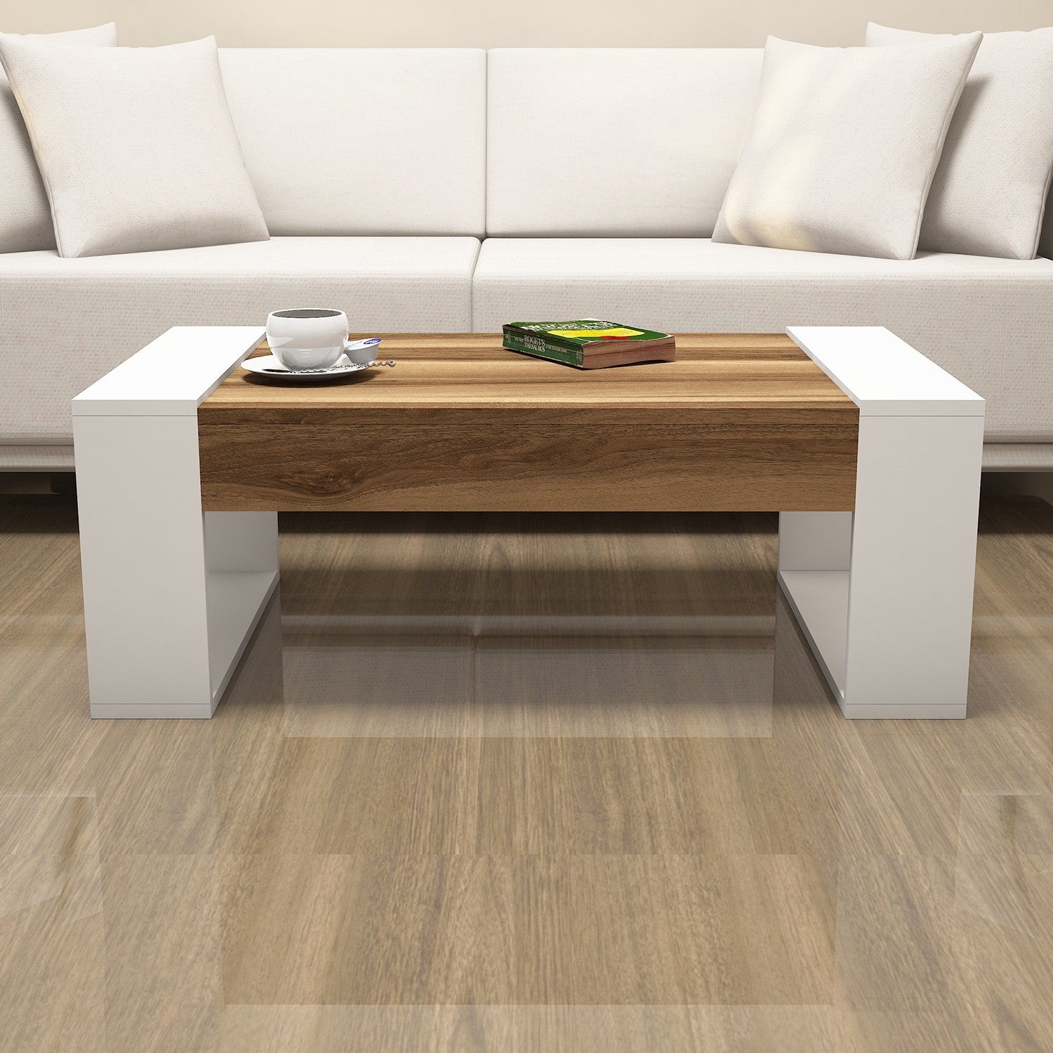 Mesa de Centro Moderna – 102 x 60 x 37,6 cm – Nogueira e Branco – Melamina