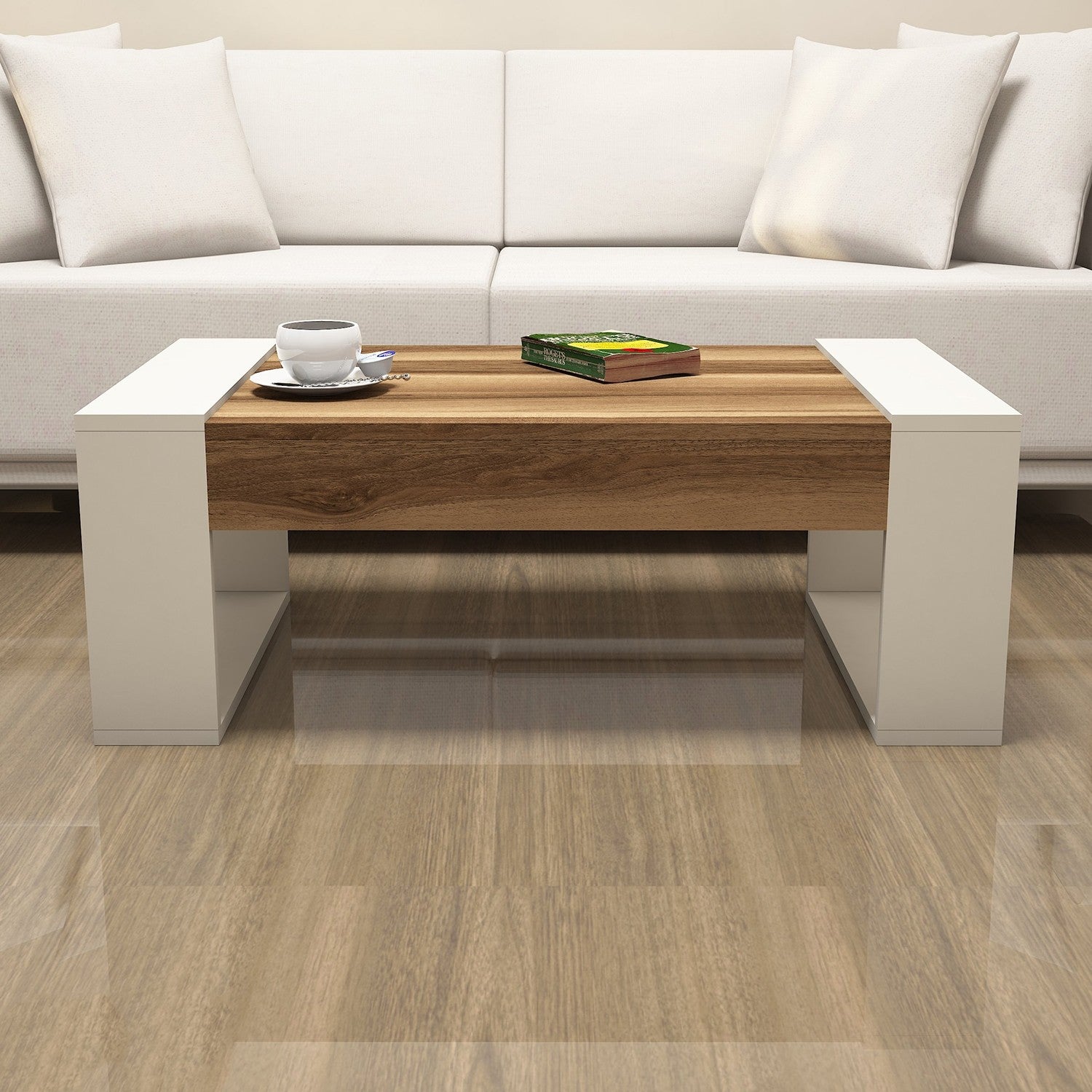 Mesa de Centro Moderna – 102 x 37,6 x 60 cm – Nogueira e Creme – Painel de Partículas