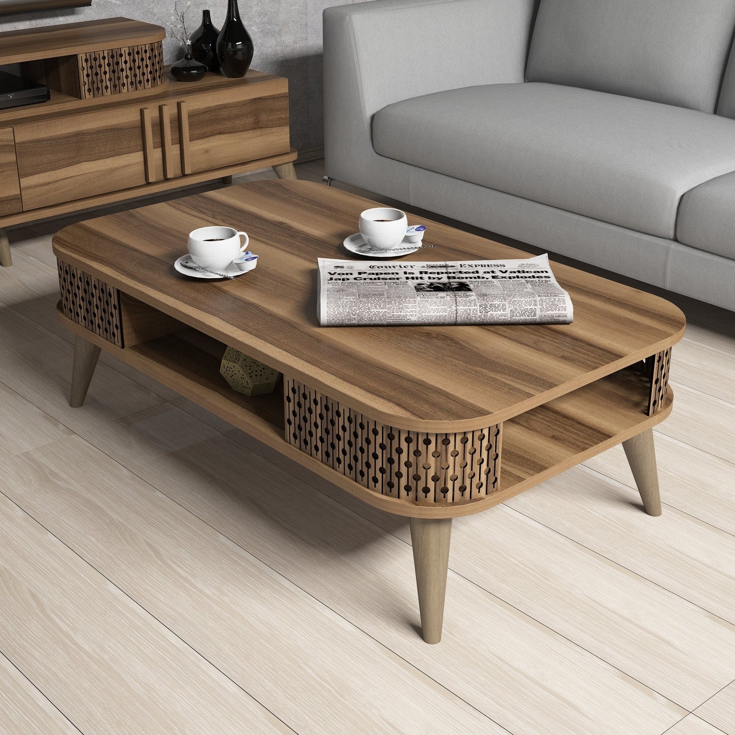 Mesa de Centro Moderna – 105 cm x 60 cm x 34,6 cm – Nogueira – Painel de Partículas 100% Revestido em Melamina