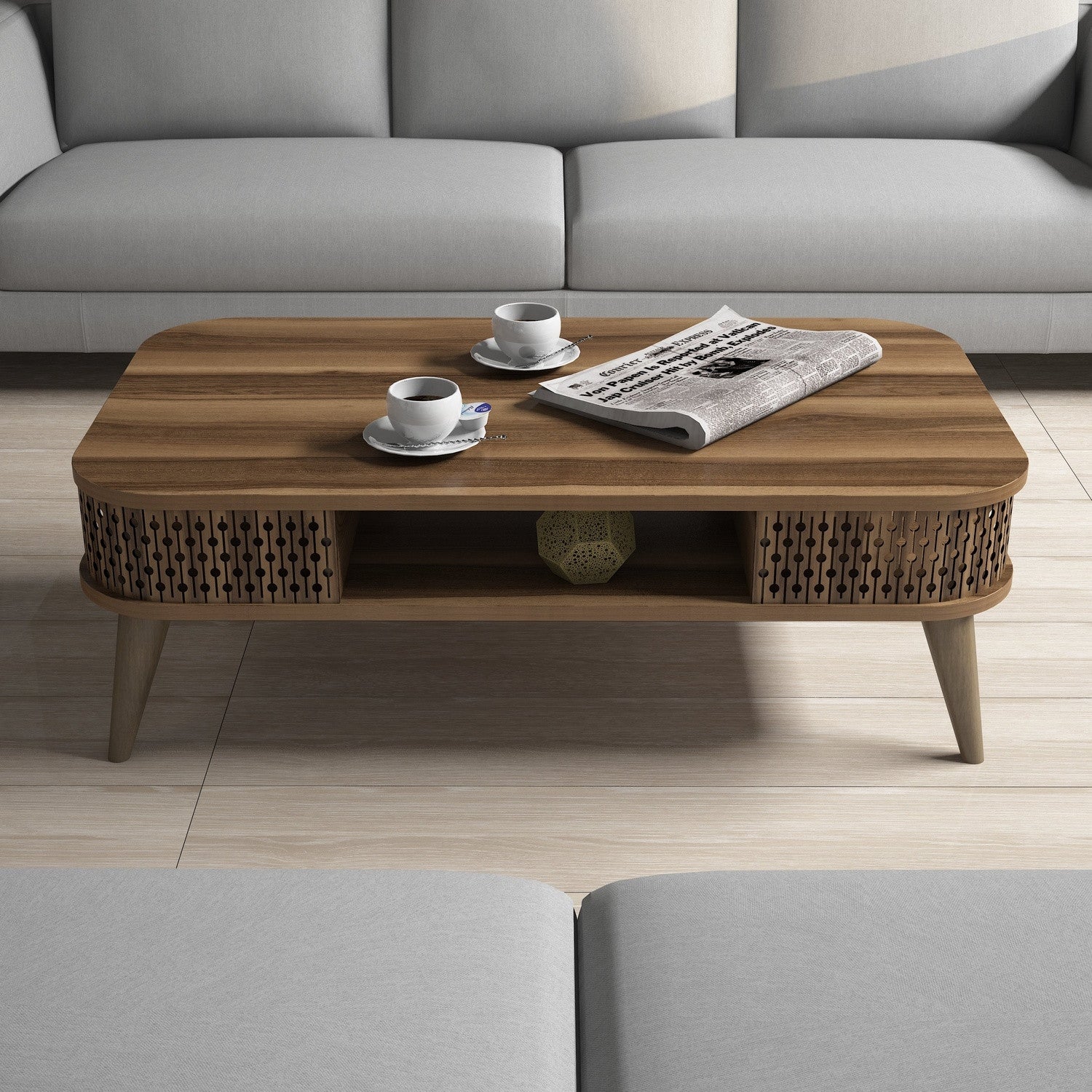 Mesa de Centro Moderna – 105 cm x 60 cm x 34,6 cm – Nogueira – Painel de Partículas 100% Revestido em Melamina