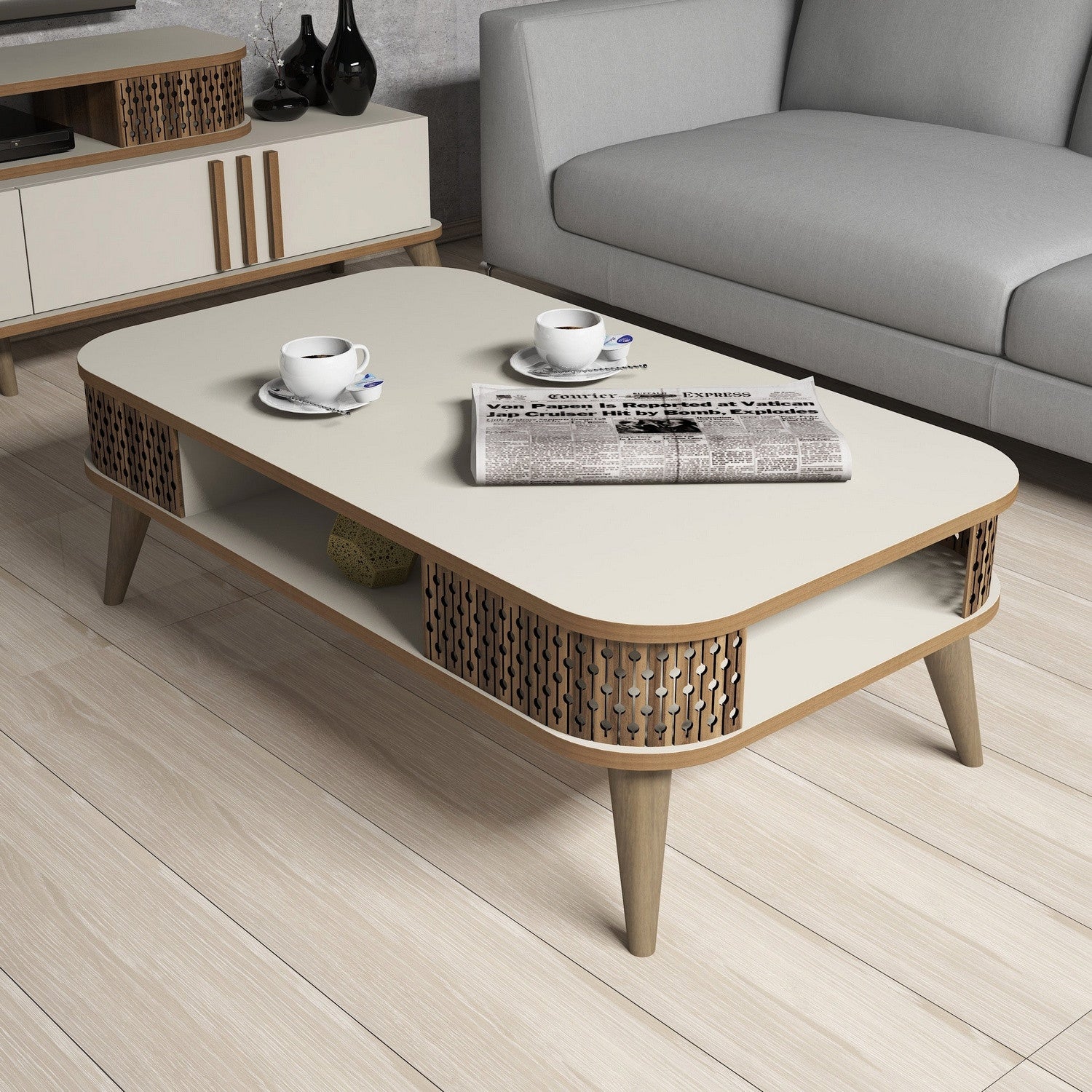 Mesa de Centro Moderna – 105 x 60 x 34,6 cm – Creme – Painel de Partículas revestido a Melamina