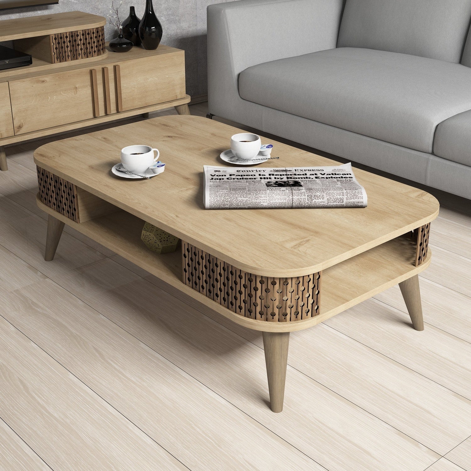 Mesa de Centro Moderna – 105 cm x 60 cm x 34,6 cm – Carvalho – Painel de Partículas Revestido a Melamina