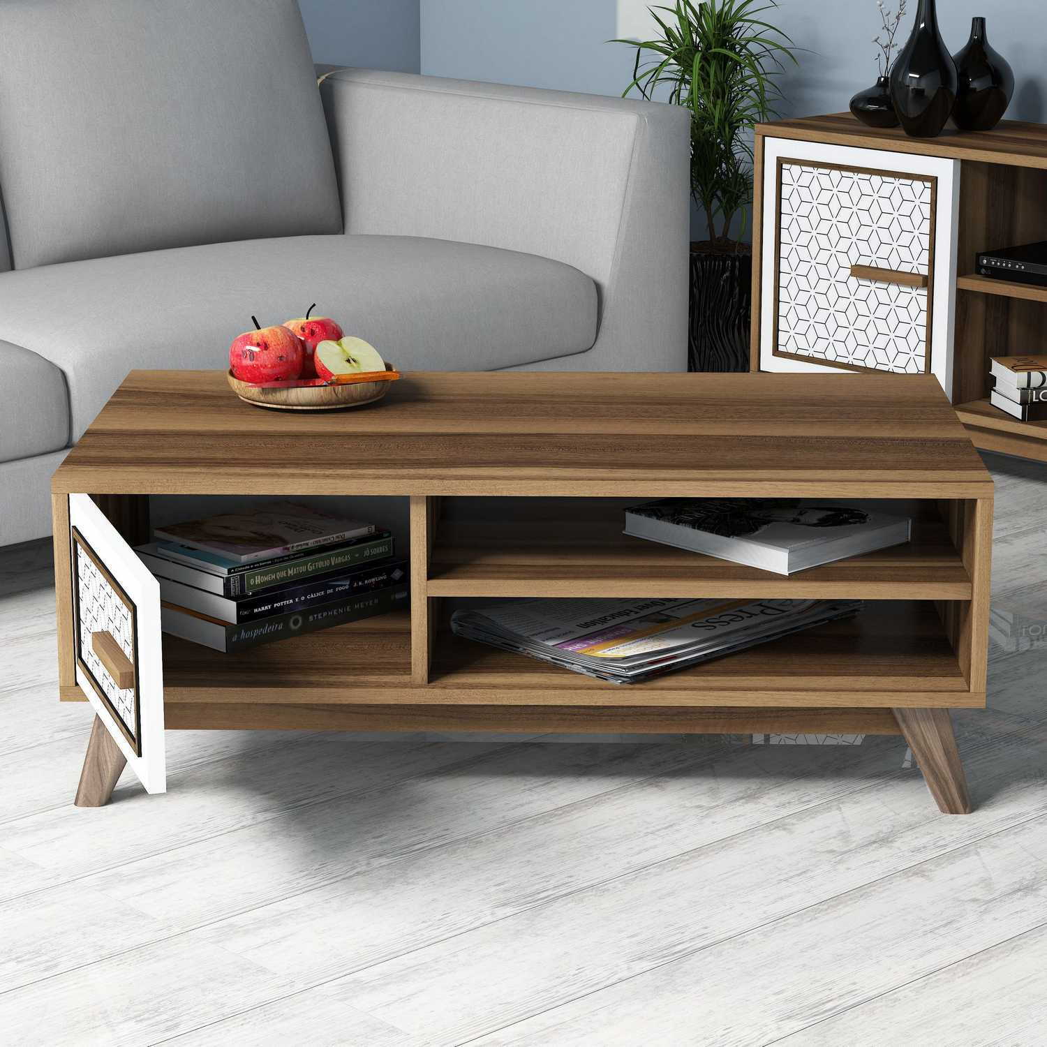 Mesa de Centro Moderna – 105 x 38,2 x 60 cm – Nogueira e Branco – Painel de Partículas com Melamina