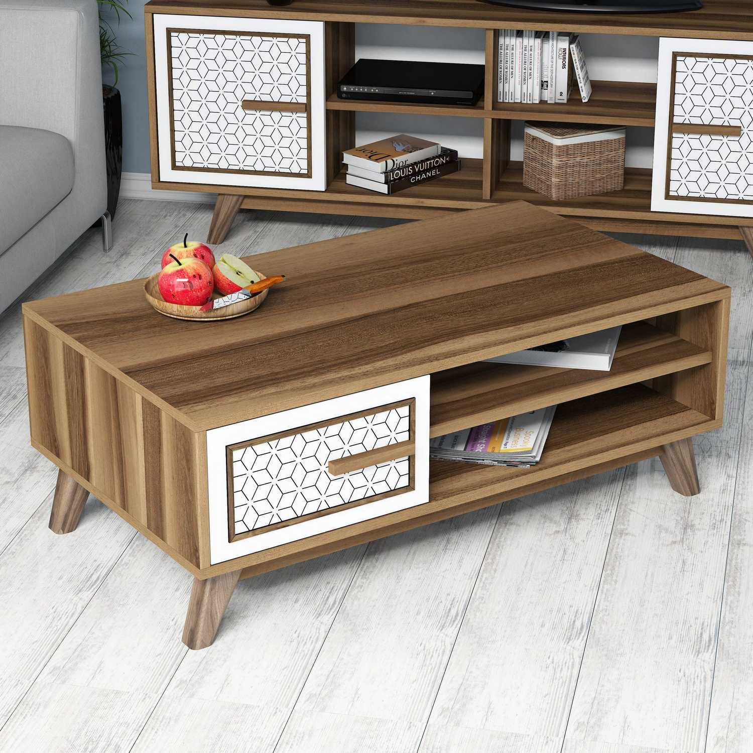 Mesa de Centro Moderna – 105 x 38,2 x 60 cm – Nogueira e Branco – Painel de Partículas com Melamina