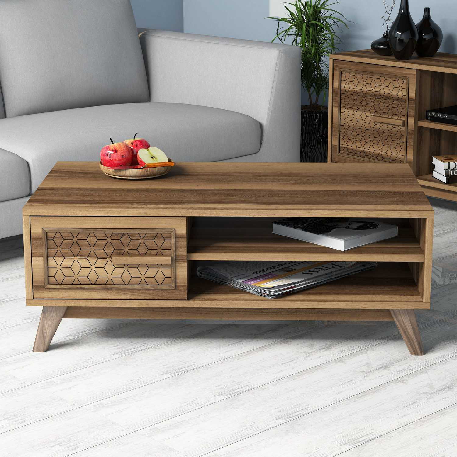 Mesa de Centro Moderna em Nogueira – 105 cm x 60 cm x 38,2 cm – Melamina