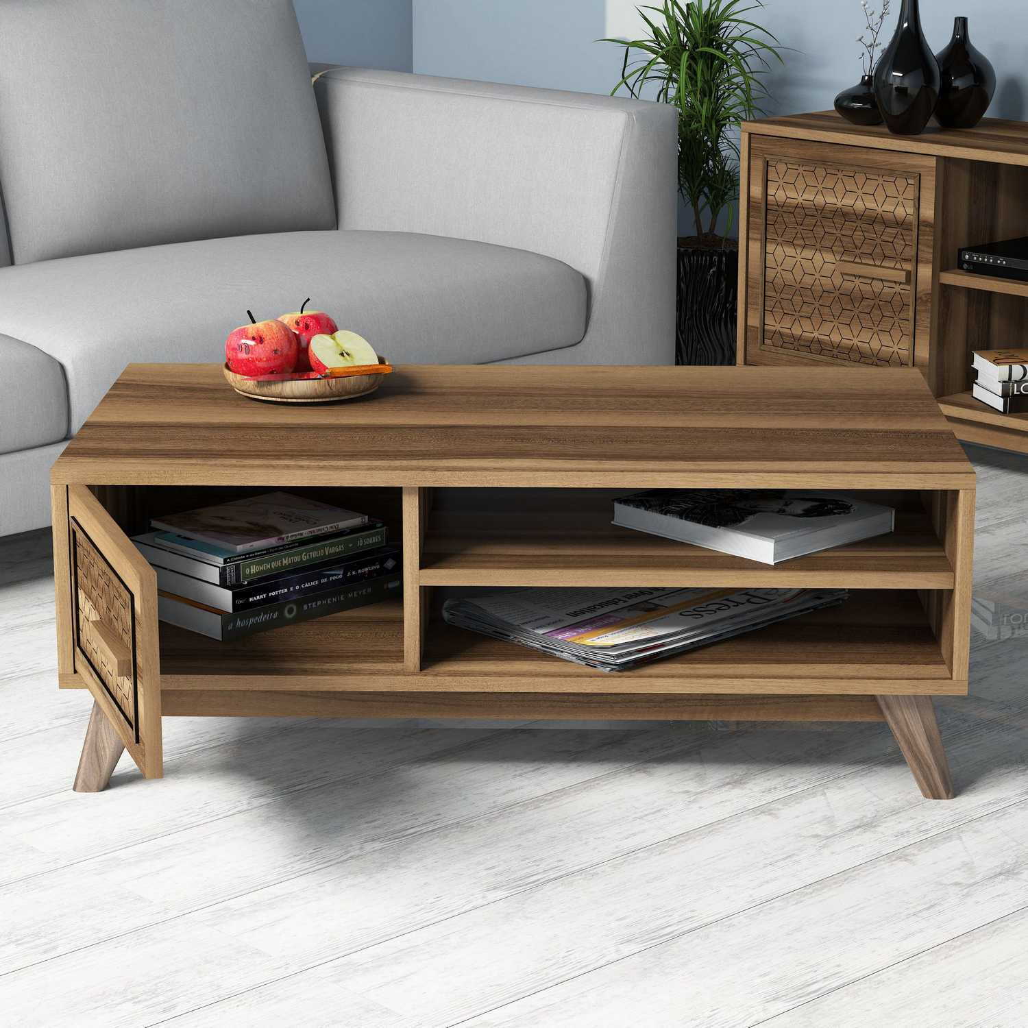 Mesa de Centro Moderna em Nogueira – 105 cm x 60 cm x 38,2 cm – Melamina