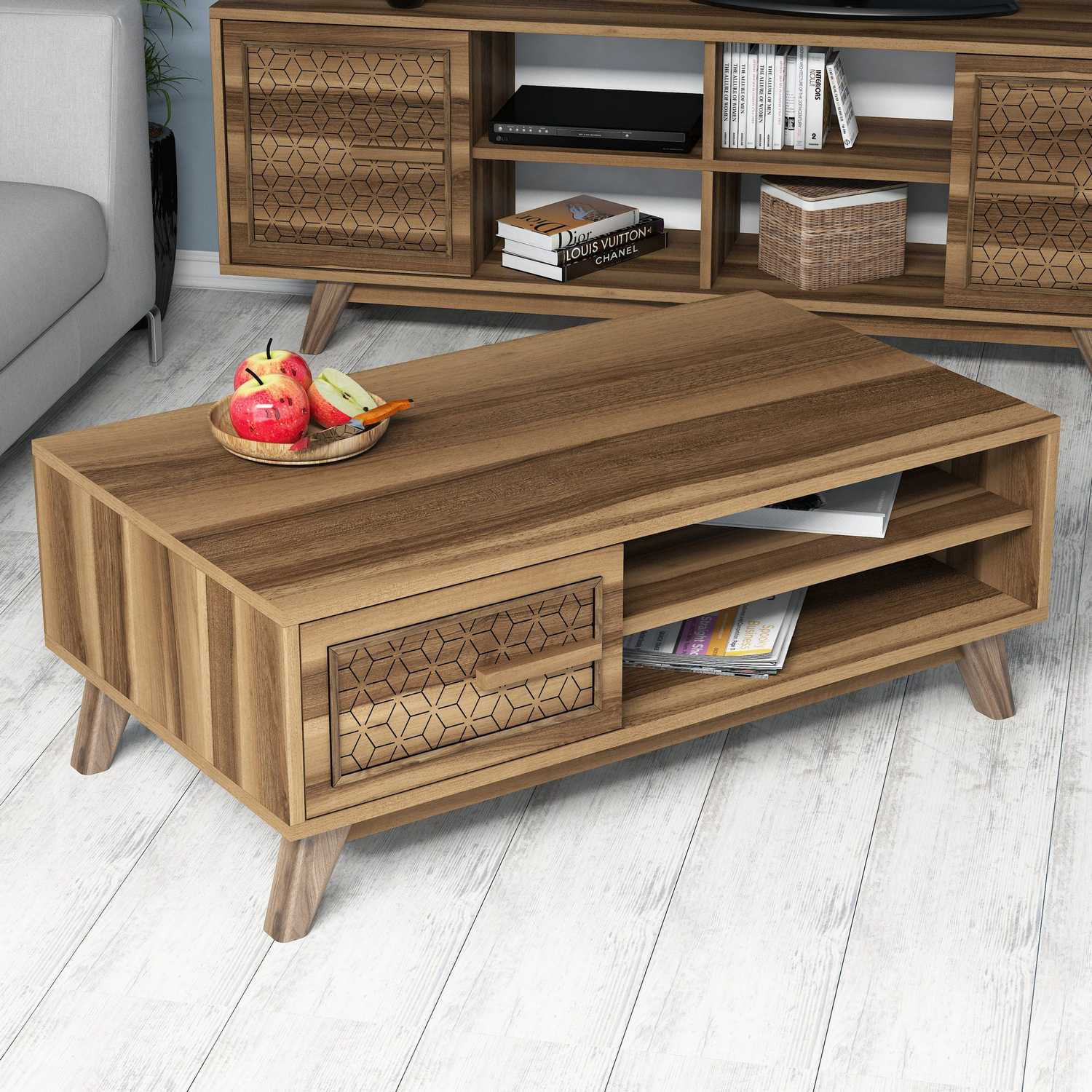 Mesa de Centro Moderna em Nogueira – 105 cm x 60 cm x 38,2 cm – Melamina