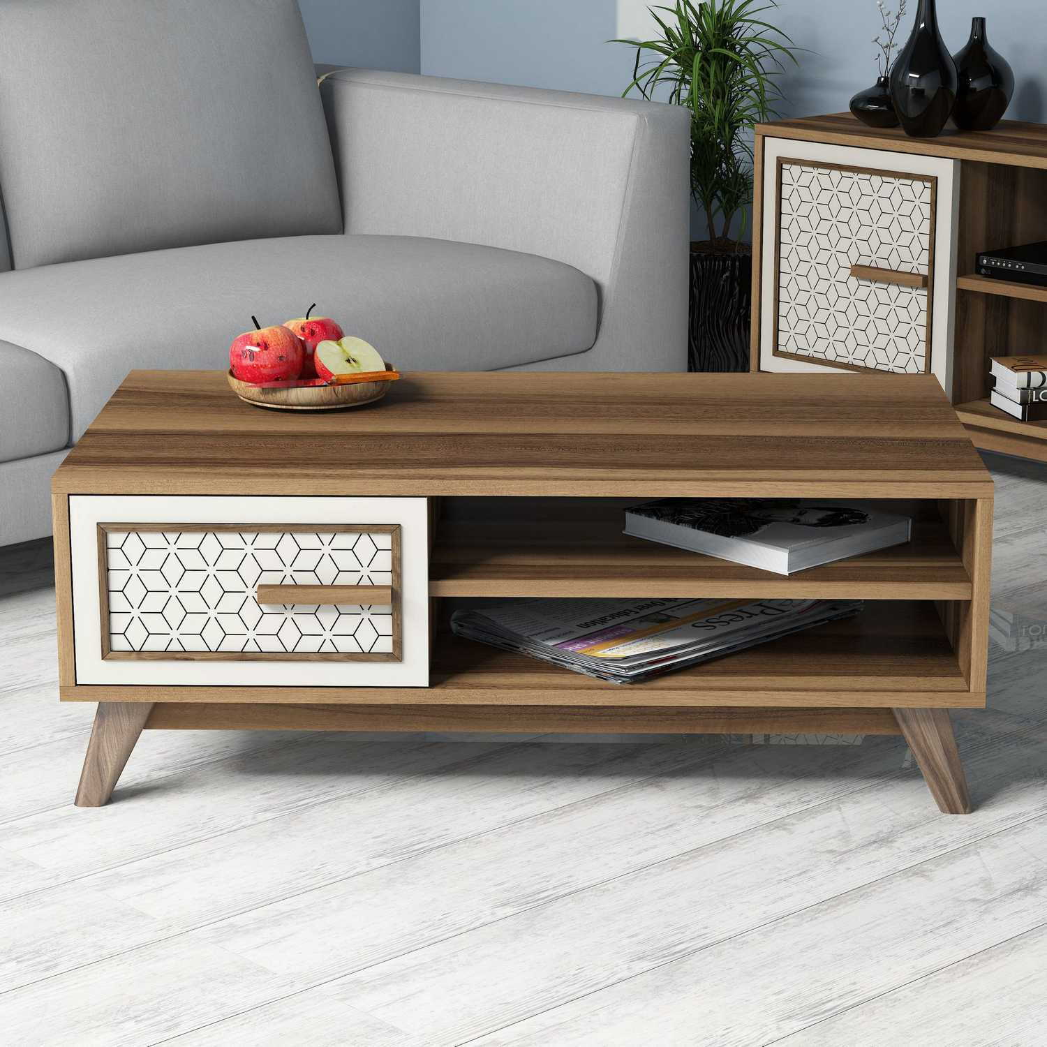 Mesa de Centro Moderna – 105 x 38,2 x 60 cm – Nogueira e Creme – Painel de Partículas 100% Revestido com Melamina