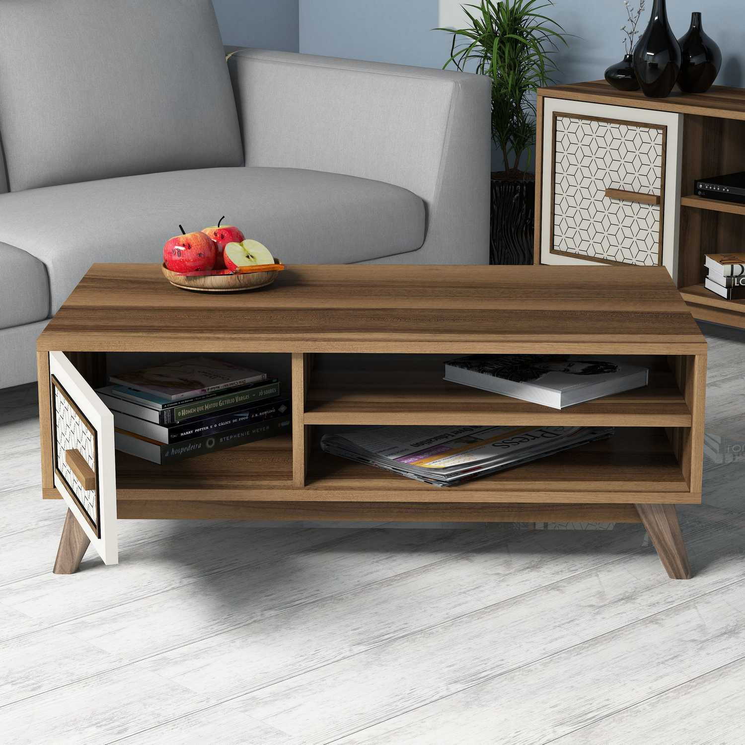 Mesa de Centro Moderna – 105 x 38,2 x 60 cm – Nogueira e Creme – Painel de Partículas 100% Revestido com Melamina