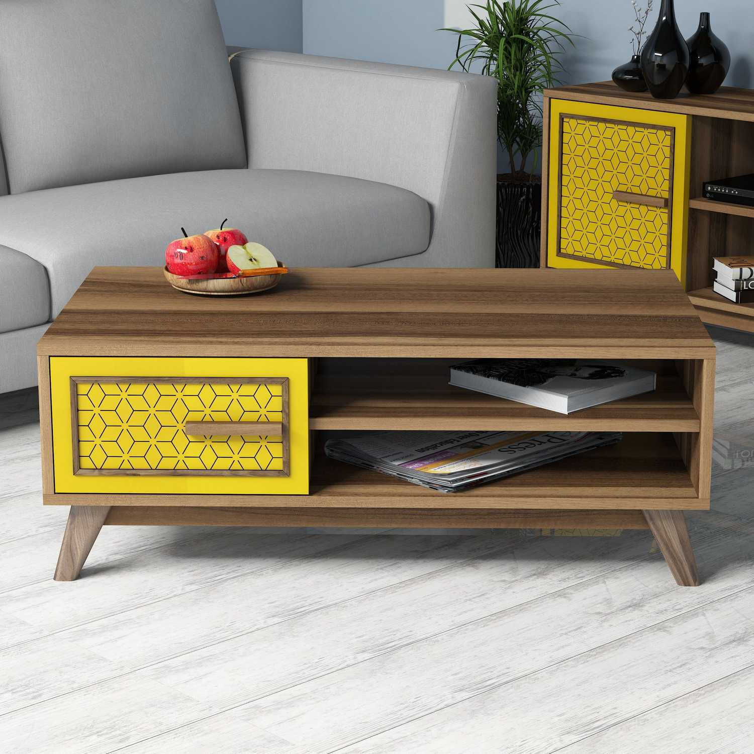 Mesa de Centro – 105 x 60 x 38,2 cm – Nogueira e Amarelo – Painel de Partículas